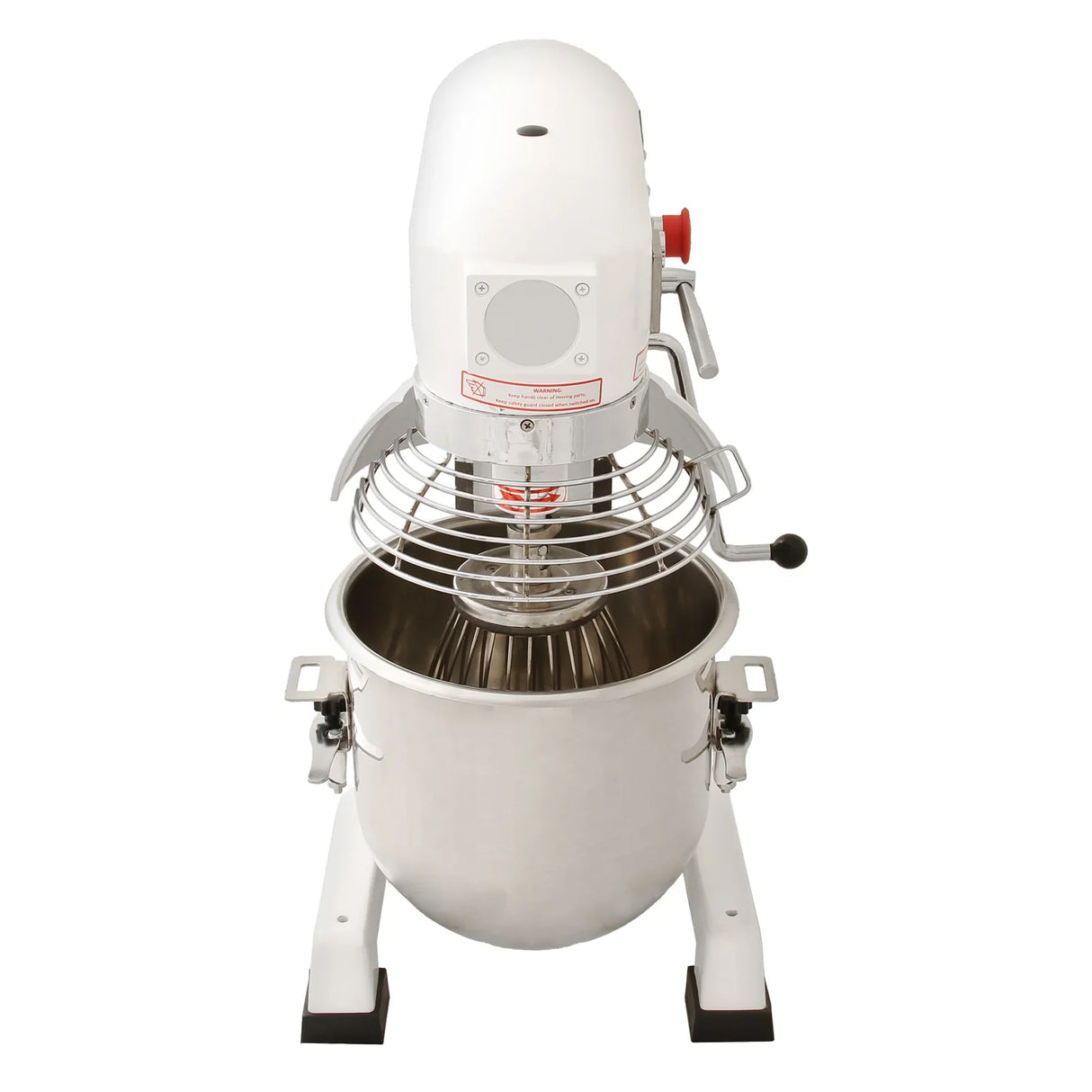 Commercial 10L planetary food mixer with a stainless steel bowl, white body, and spiral whisk, ideal for baking and food preparation