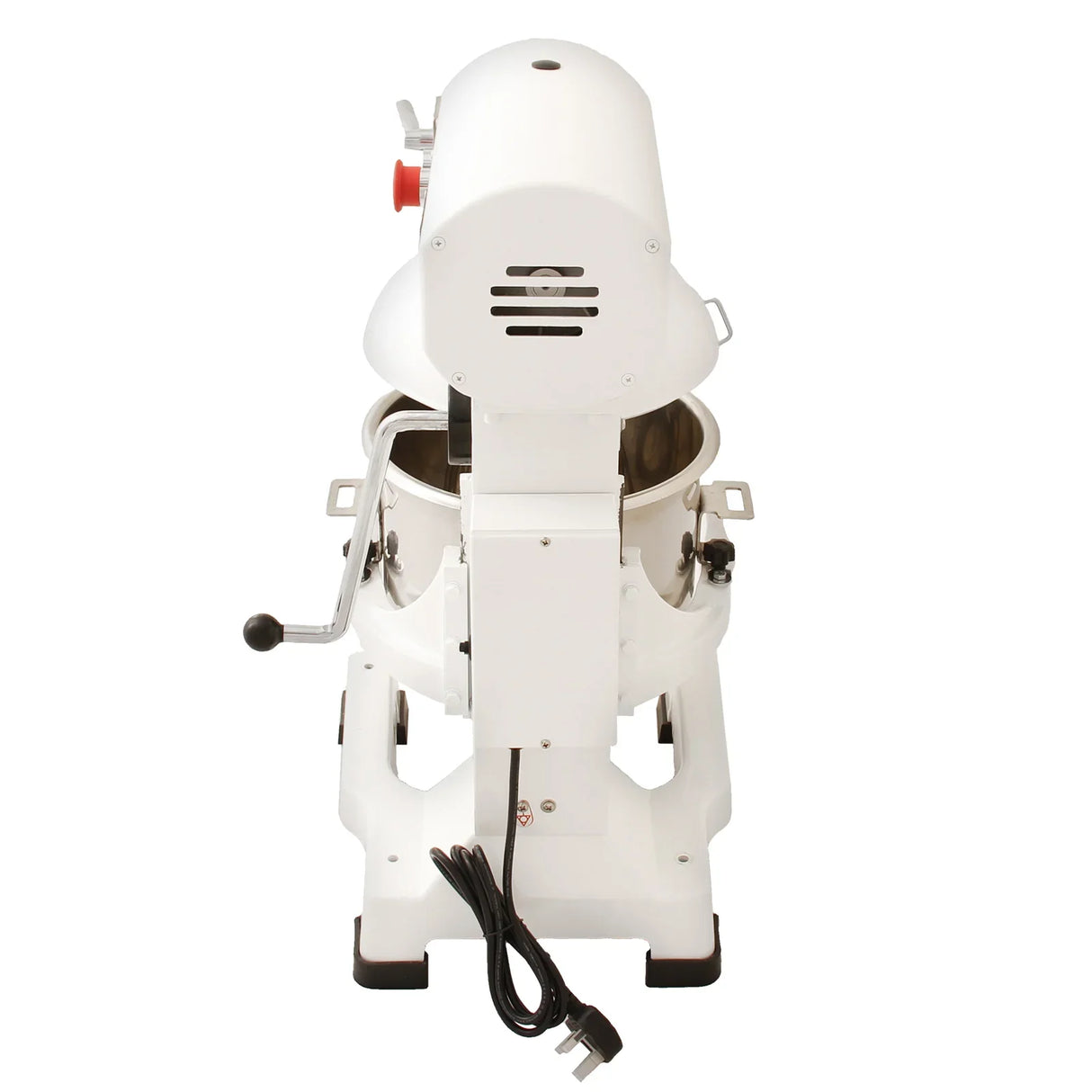 Commercial 10L planetary food mixer in white, featuring a stainless steel bowl, sturdy base, and a side handle for easy operation