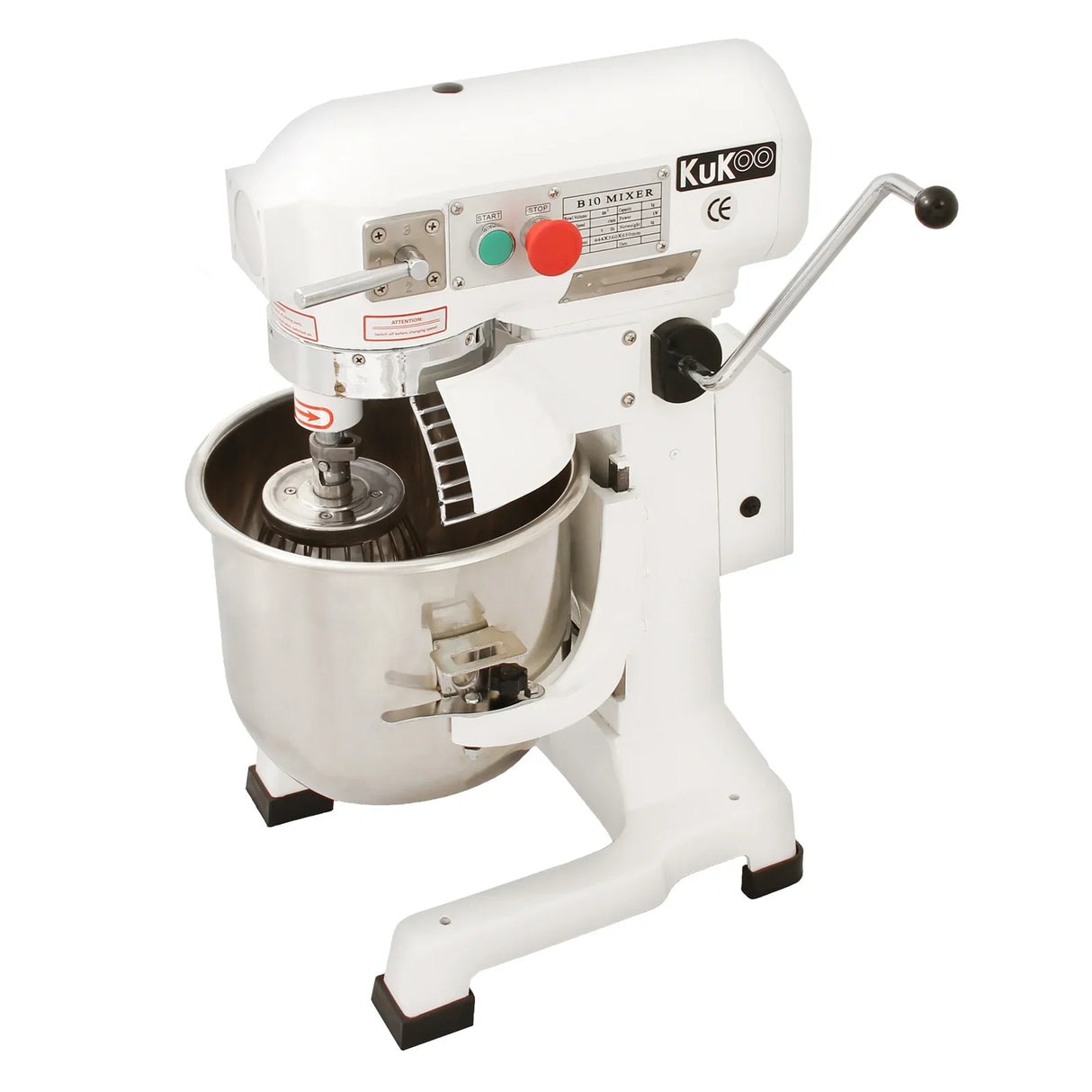 Commercial 10L planetary food mixer with a stainless steel bowl, white body, and easy-to-use control panel for efficient mixing