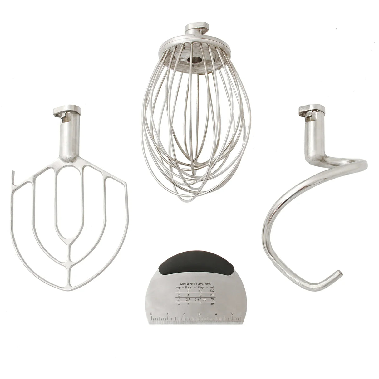 Stainless steel attachments for a 10L commercial planetary food mixer, including a whisk, dough hook, and paddle, with a measuring scraper
