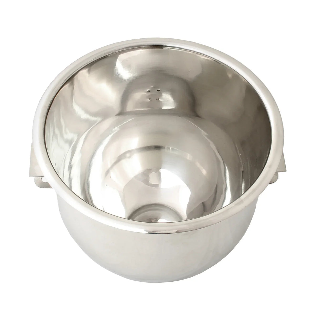 Stainless steel mixing bowl for a 10L commercial planetary food mixer, featuring a smooth, shiny interior and rounded shape