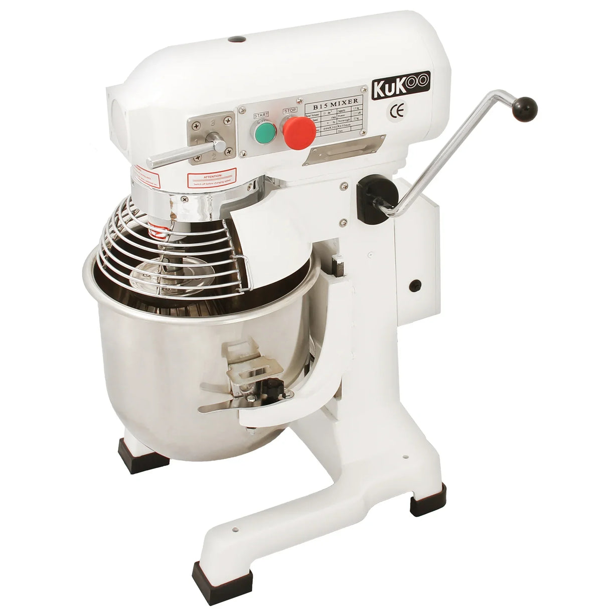 Commercial 15L planetary food mixer in white with stainless steel bowl, featuring a spiral mixing attachment and adjustable speed controls