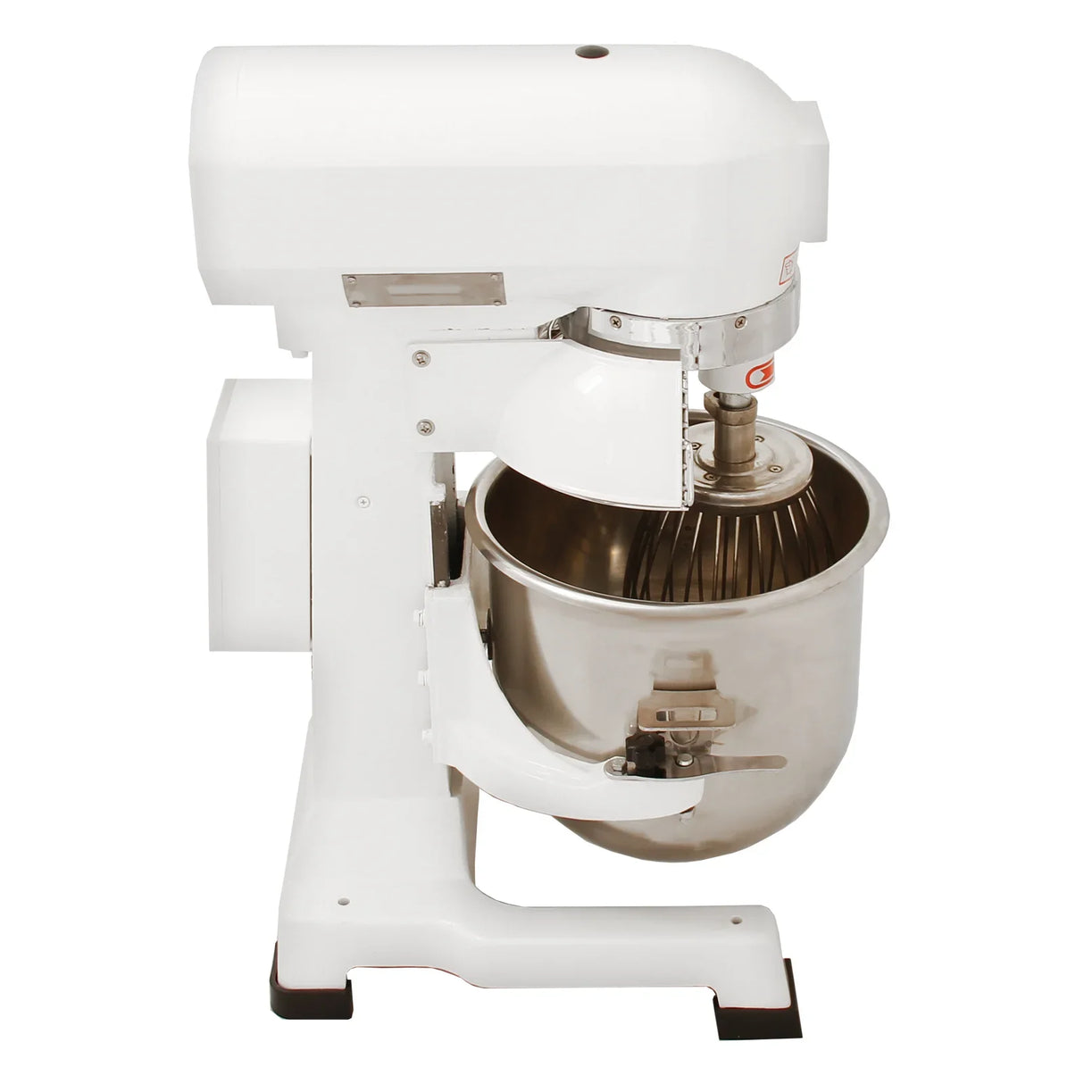 Commercial 15L planetary food mixer in white with a stainless steel bowl, featuring a spiral whisk attachment for efficient mixing