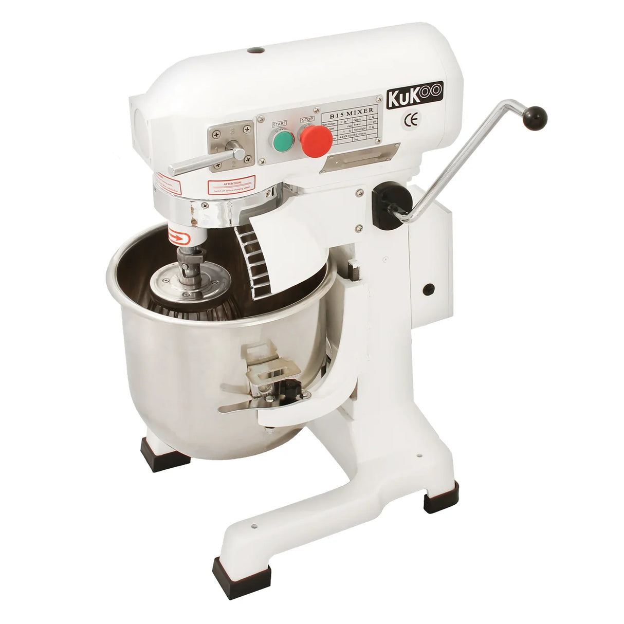 Commercial 15L planetary food mixer with stainless steel bowl, white body, and easy-to-use control panel for efficient mixing