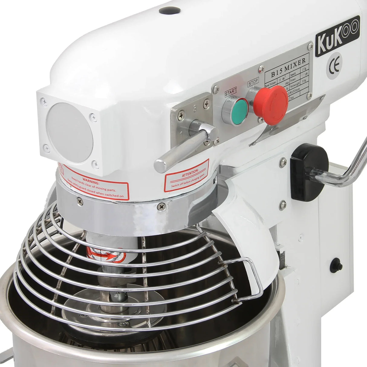 Commercial 15L planetary food mixer with a sleek white body, stainless steel bowl, and chrome-plated mixing head and guard