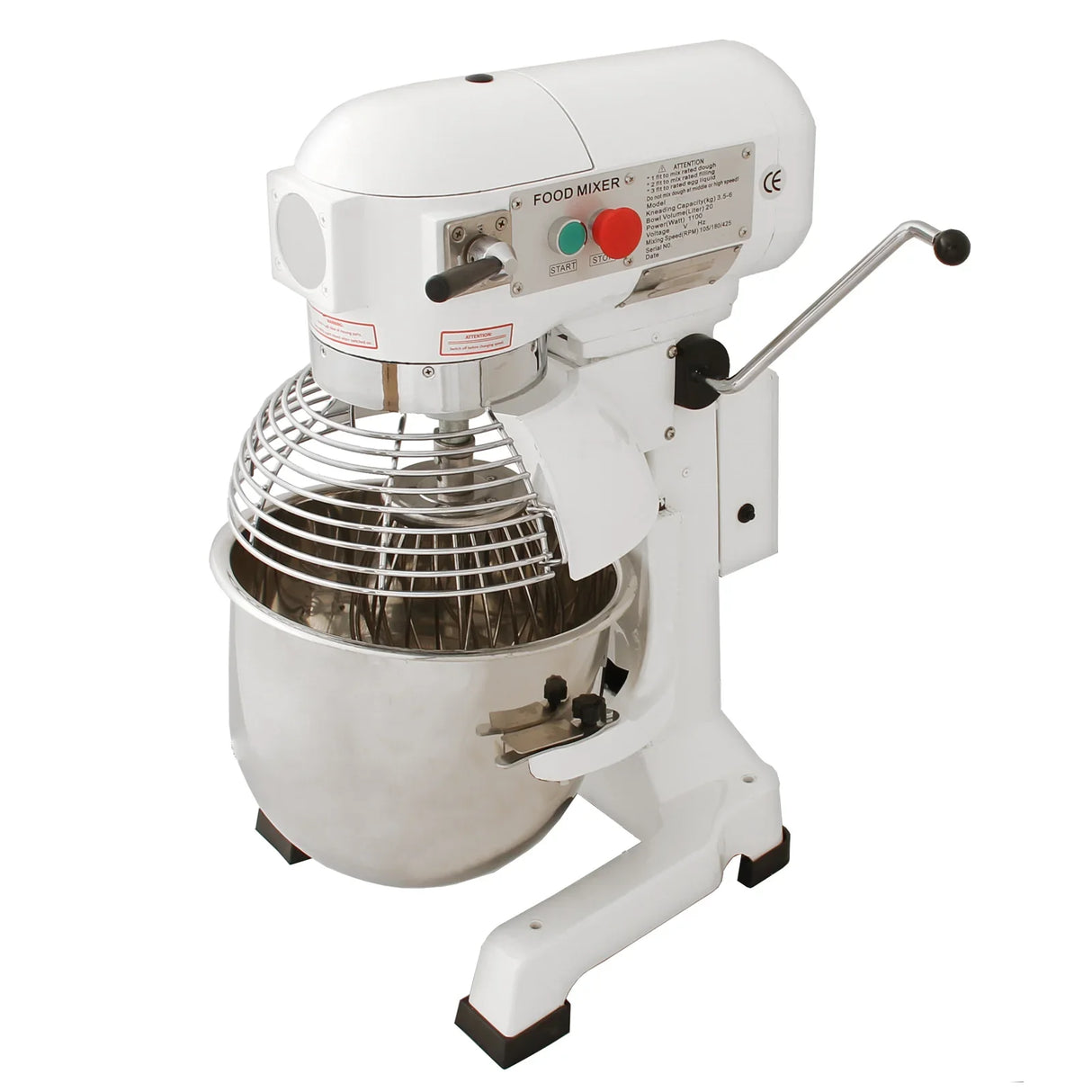 Commercial 20L planetary food mixer with a stainless steel bowl, white body, and protective wire guard, ideal for heavy-duty mixing