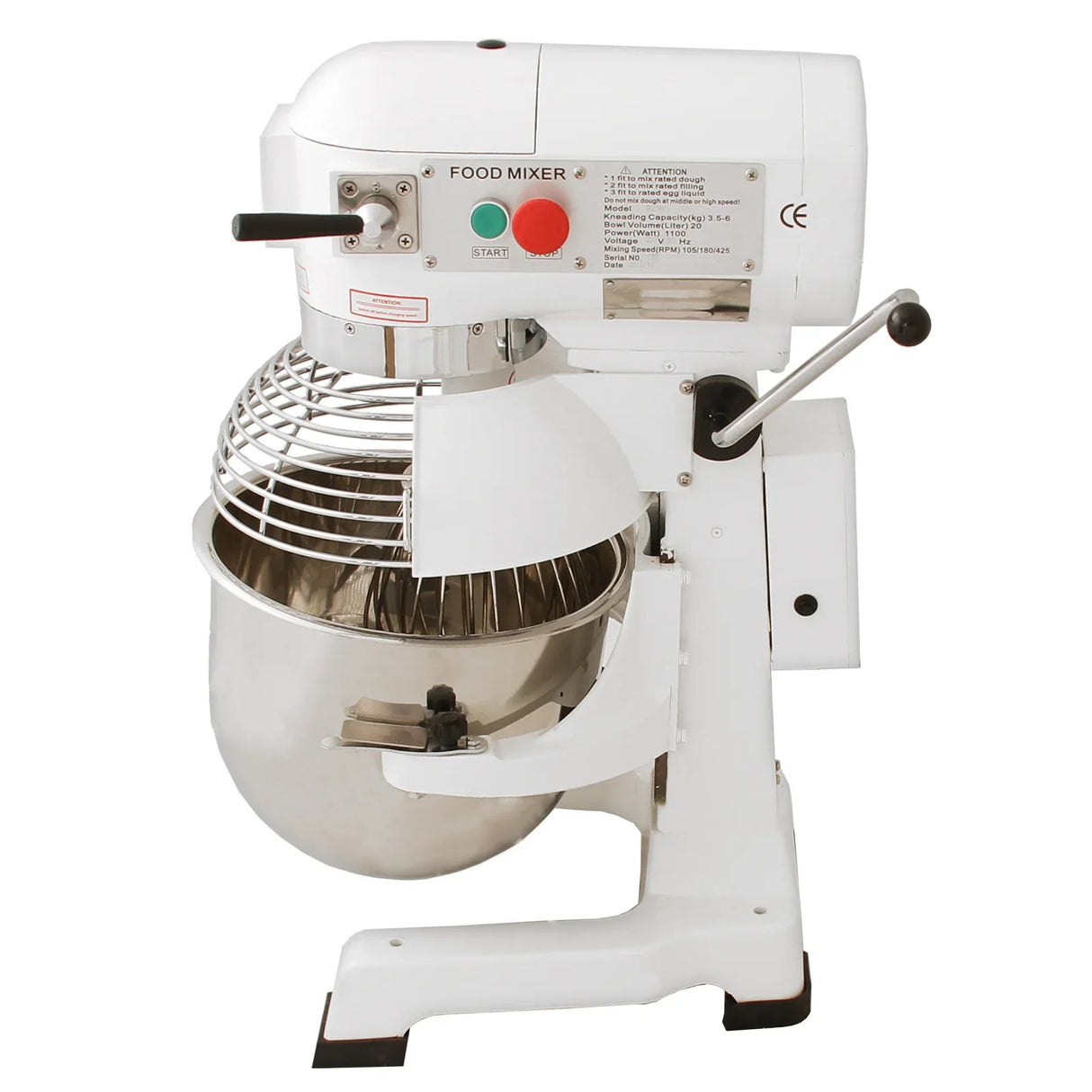 Commercial 20L planetary food mixer with stainless steel bowl, white body, and safety guard, ideal for heavy-duty mixing tasks