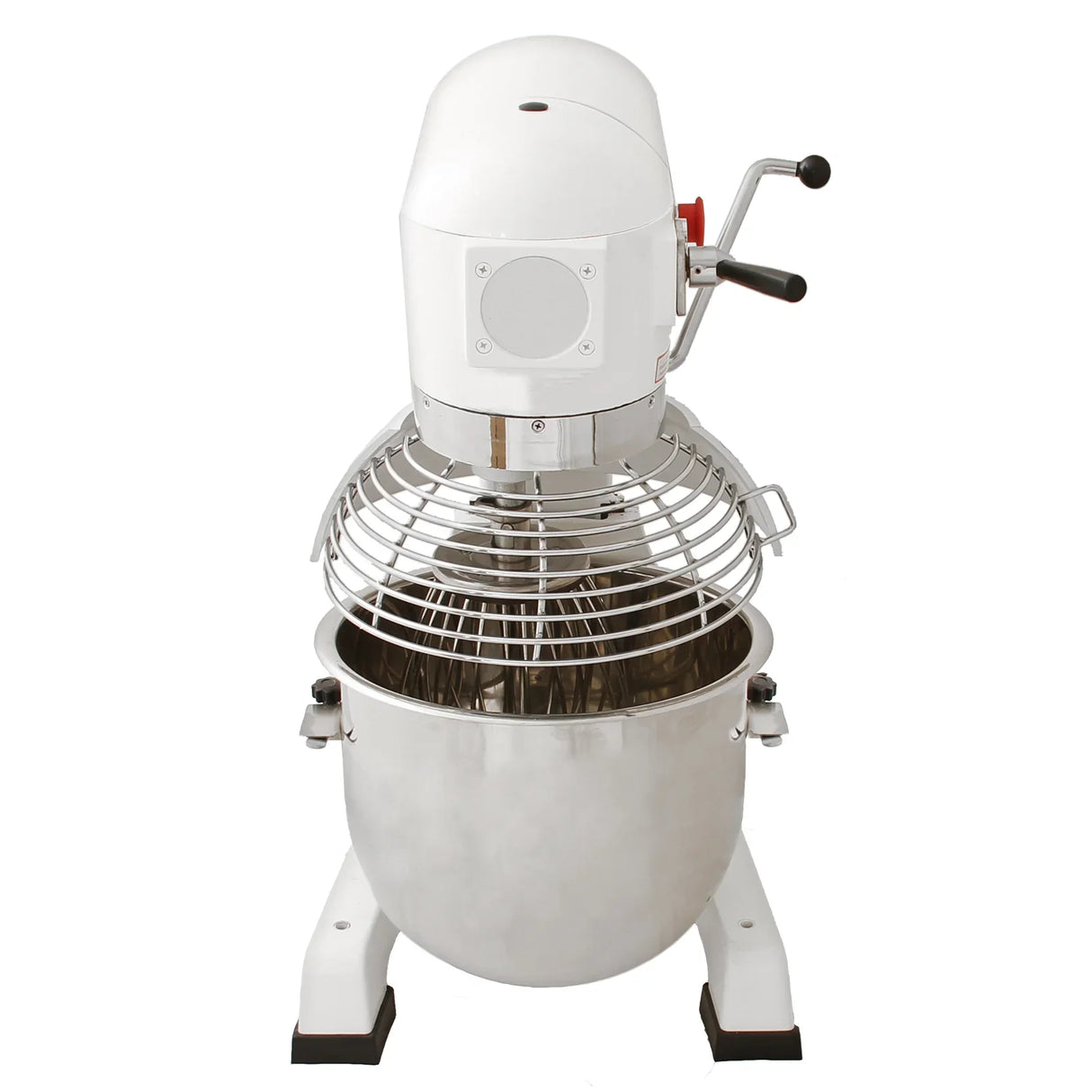 Commercial 20L planetary food mixer with a stainless steel bowl, white body, and spiral whisk attachment for efficient mixing