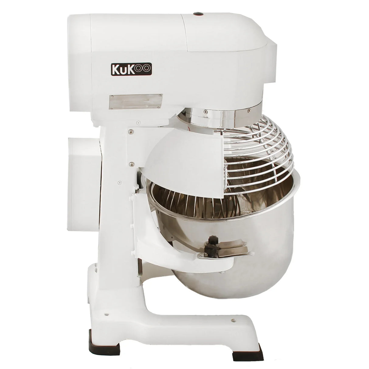 Commercial 20L planetary food mixer with a sleek white body, stainless steel bowl, and a protective wire whisk guard for safety