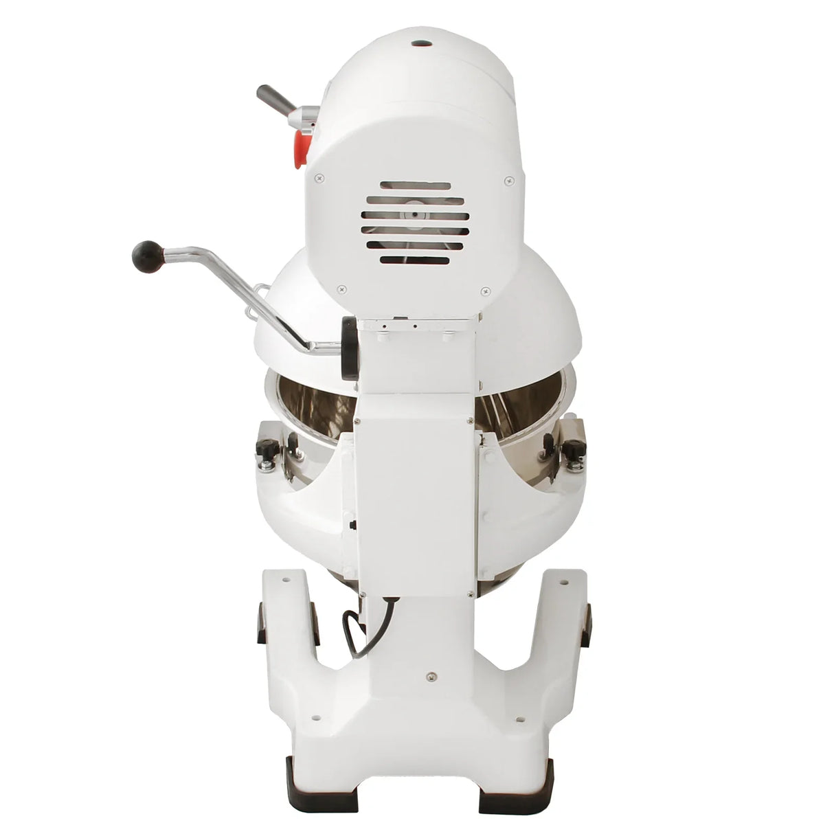 Commercial 20L planetary food mixer in white, featuring a stainless steel bowl, sturdy base, and adjustable speed controls for efficient mixing
