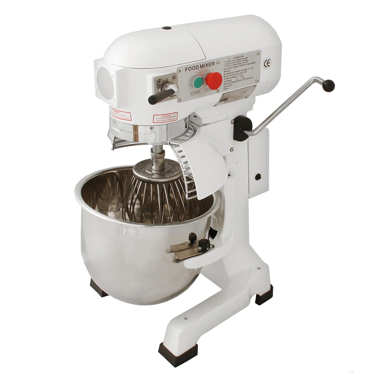 Commercial 20L planetary food mixer with stainless steel bowl, white body, and adjustable speed settings for versatile mixing tasks