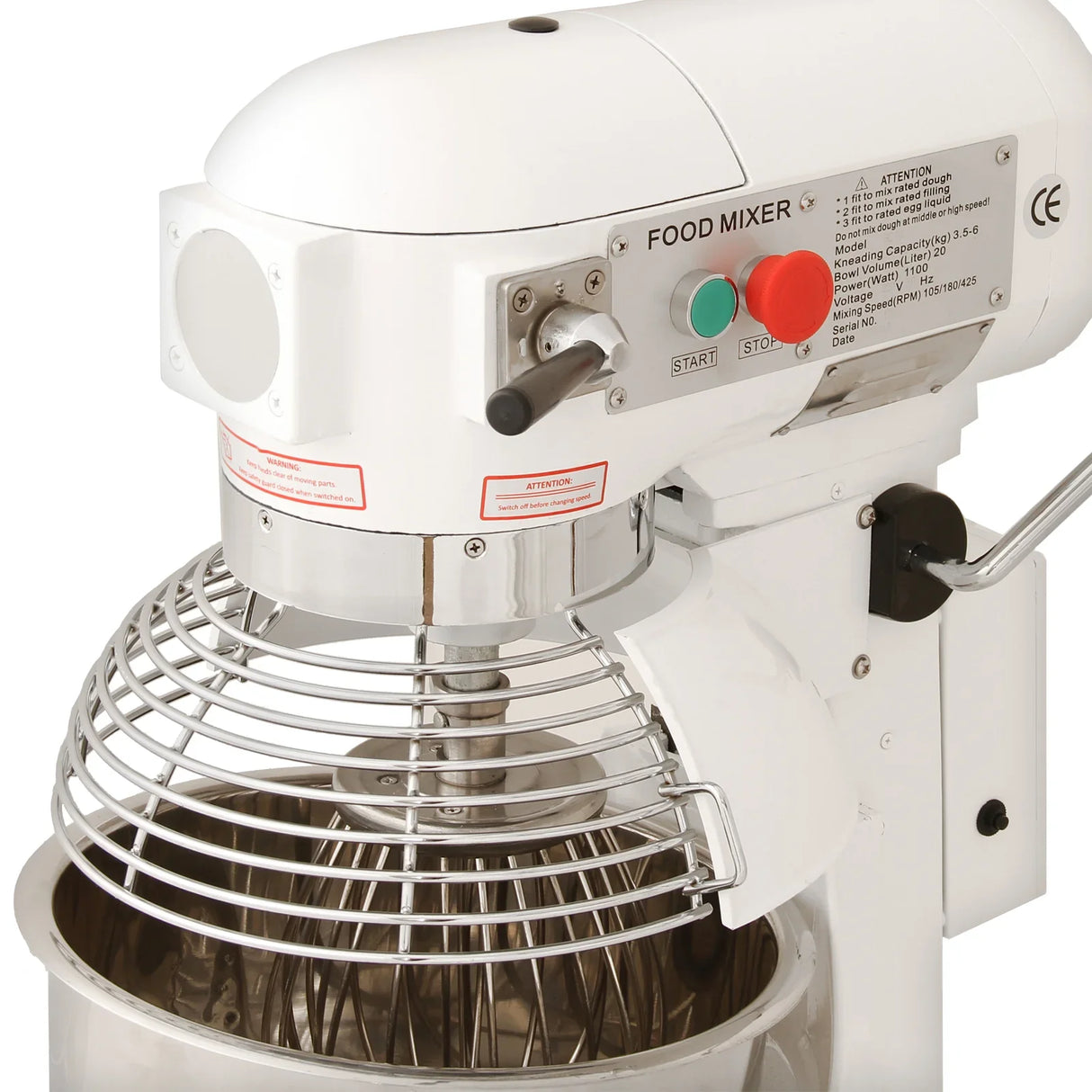 Commercial 20L planetary food mixer with stainless steel bowl, chrome-plated whisk, and user-friendly control panel in white finish