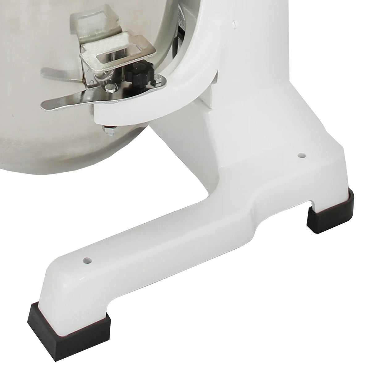 Commercial 20L planetary food mixer with a sturdy white base, featuring a secure locking mechanism and non-slip feet for stability