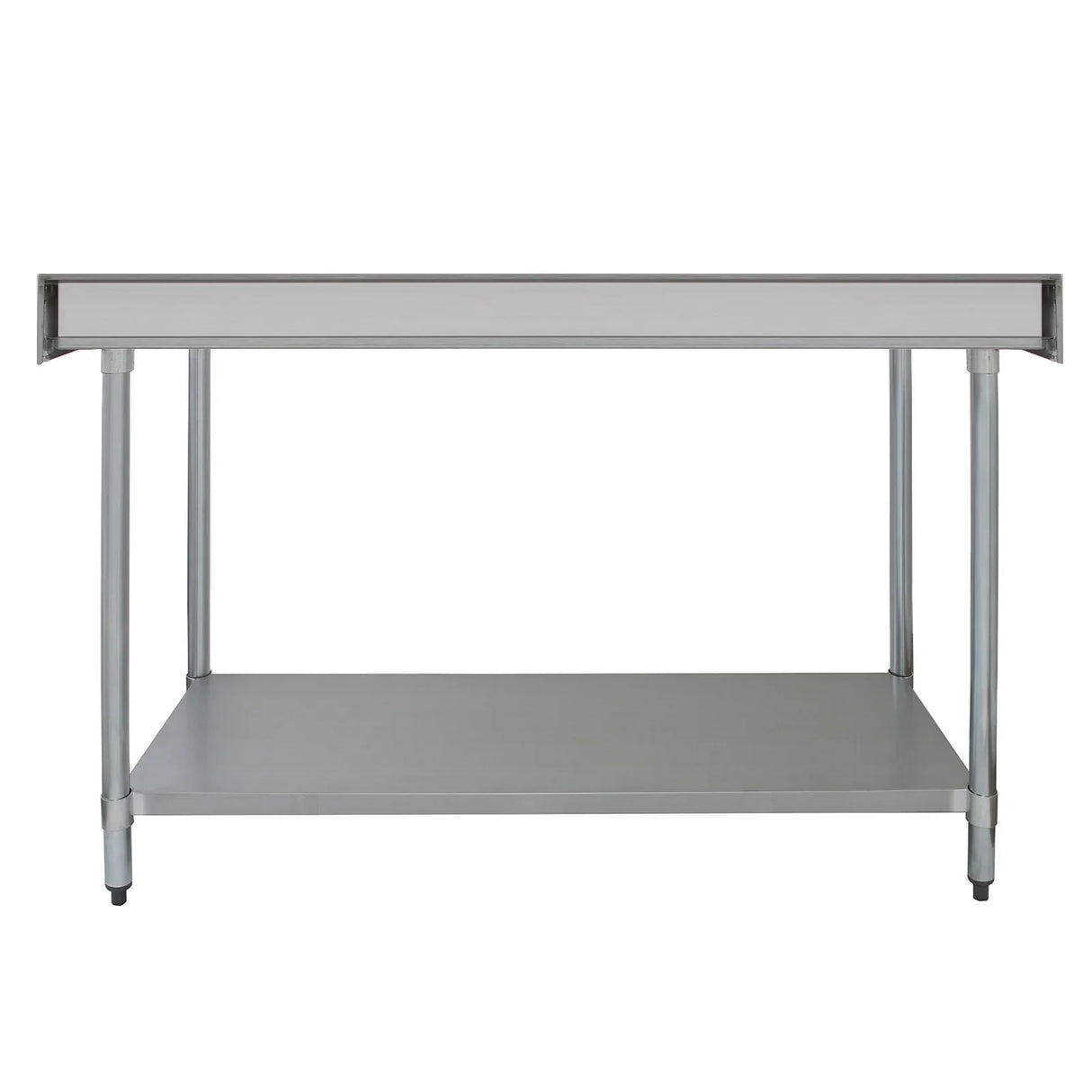 Commercial stainless steel catering table, 5ft wide, featuring a smooth surface, sturdy legs, and a lower shelf for storage