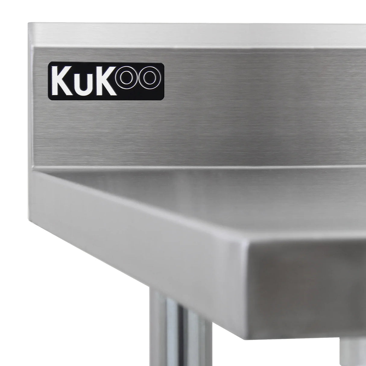 Stainless steel catering table edge with a smooth finish, featuring a KuKoo logo, designed for durability and easy cleaning