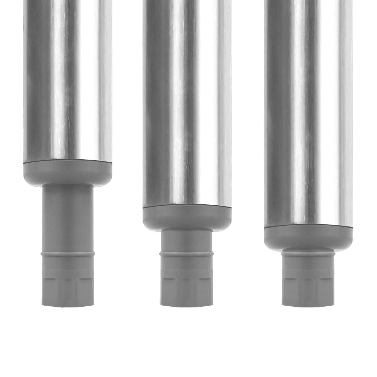 Stainless steel legs of a 5ft catering bench, featuring a sleek, polished finish and sturdy, adjustable gray rubber feet for stability