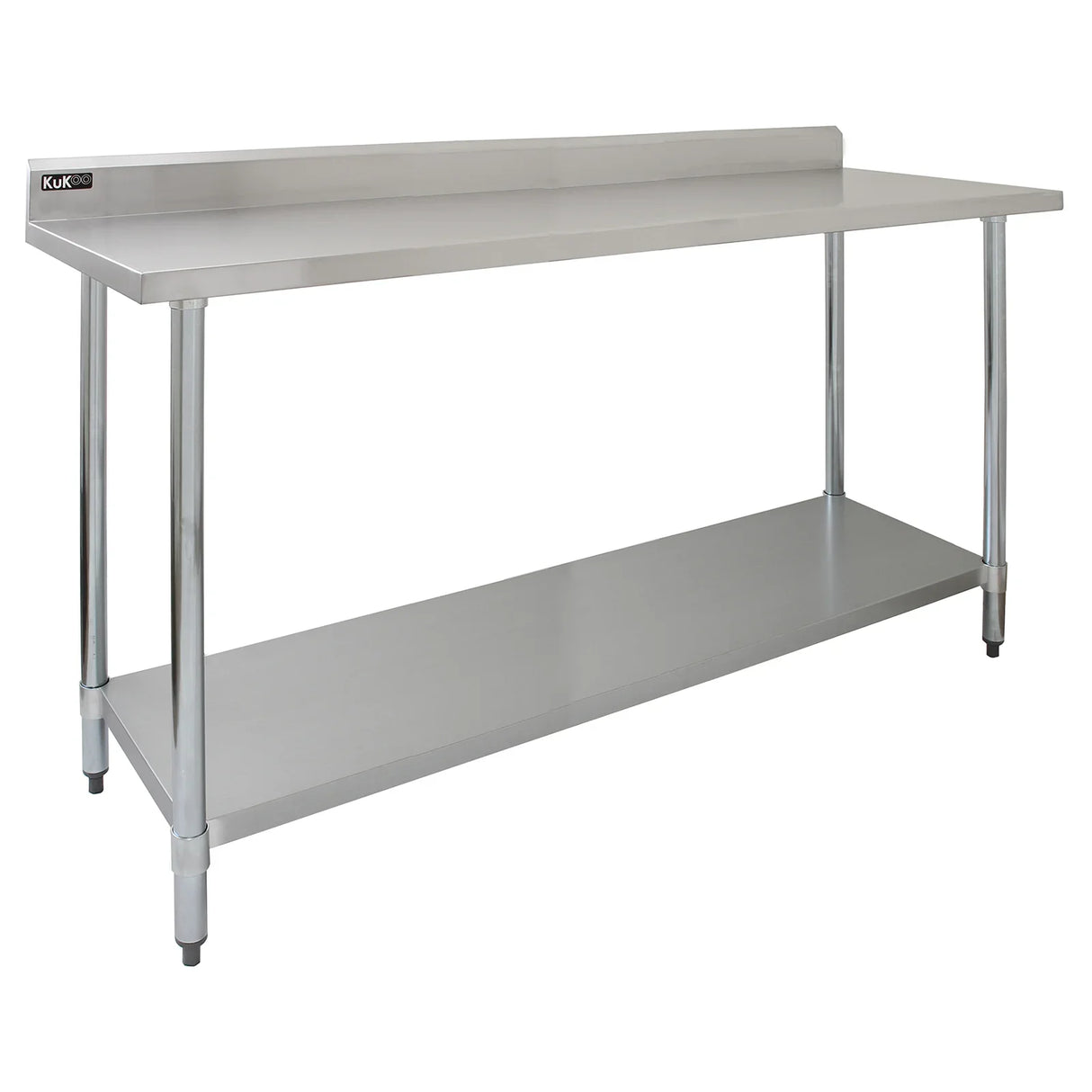 Stainless steel catering table, 6ft wide, featuring a smooth surface, sturdy legs, and a lower shelf for storage and organization