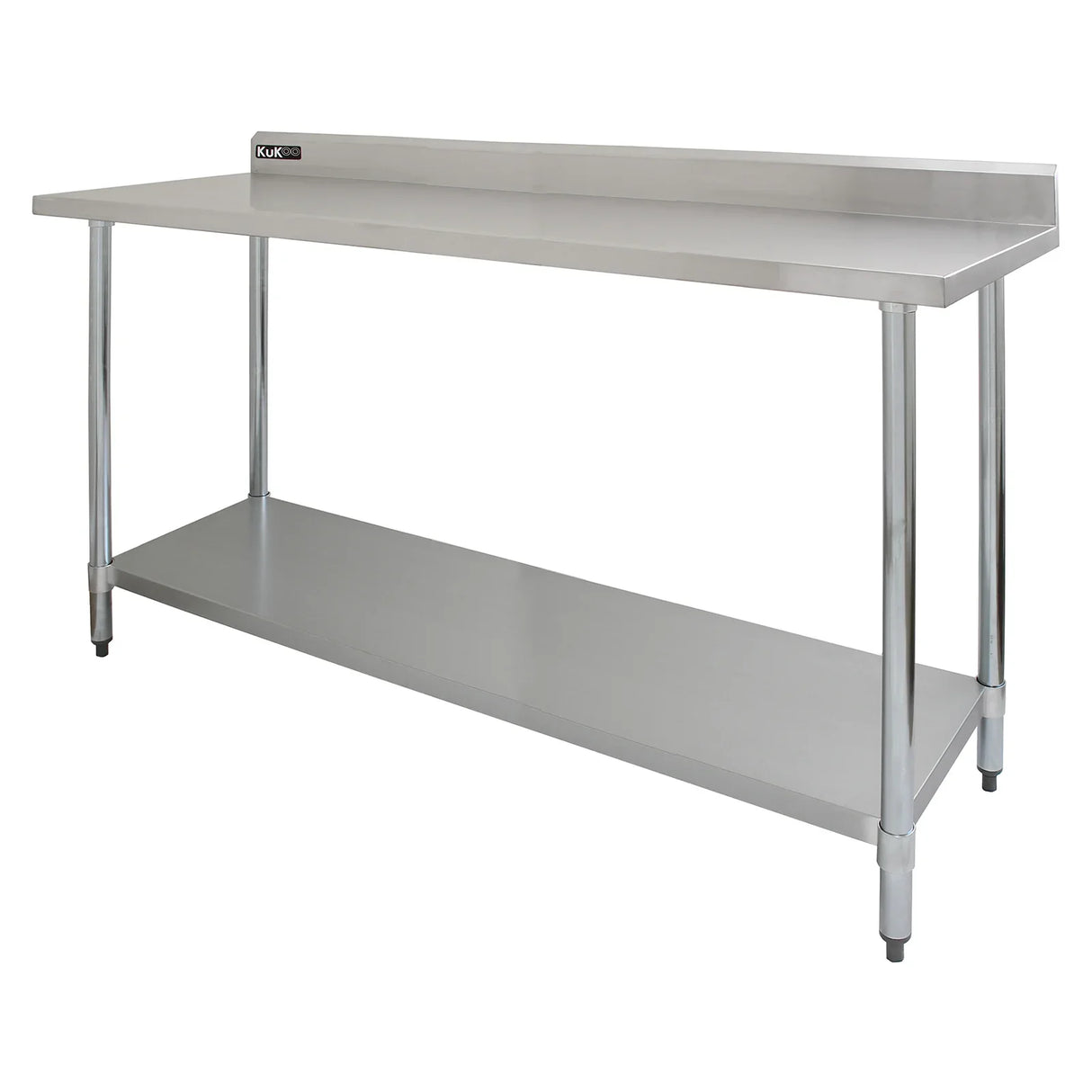 Commercial stainless steel catering table, 6ft wide, featuring a sleek surface, sturdy legs, and a lower shelf for storage