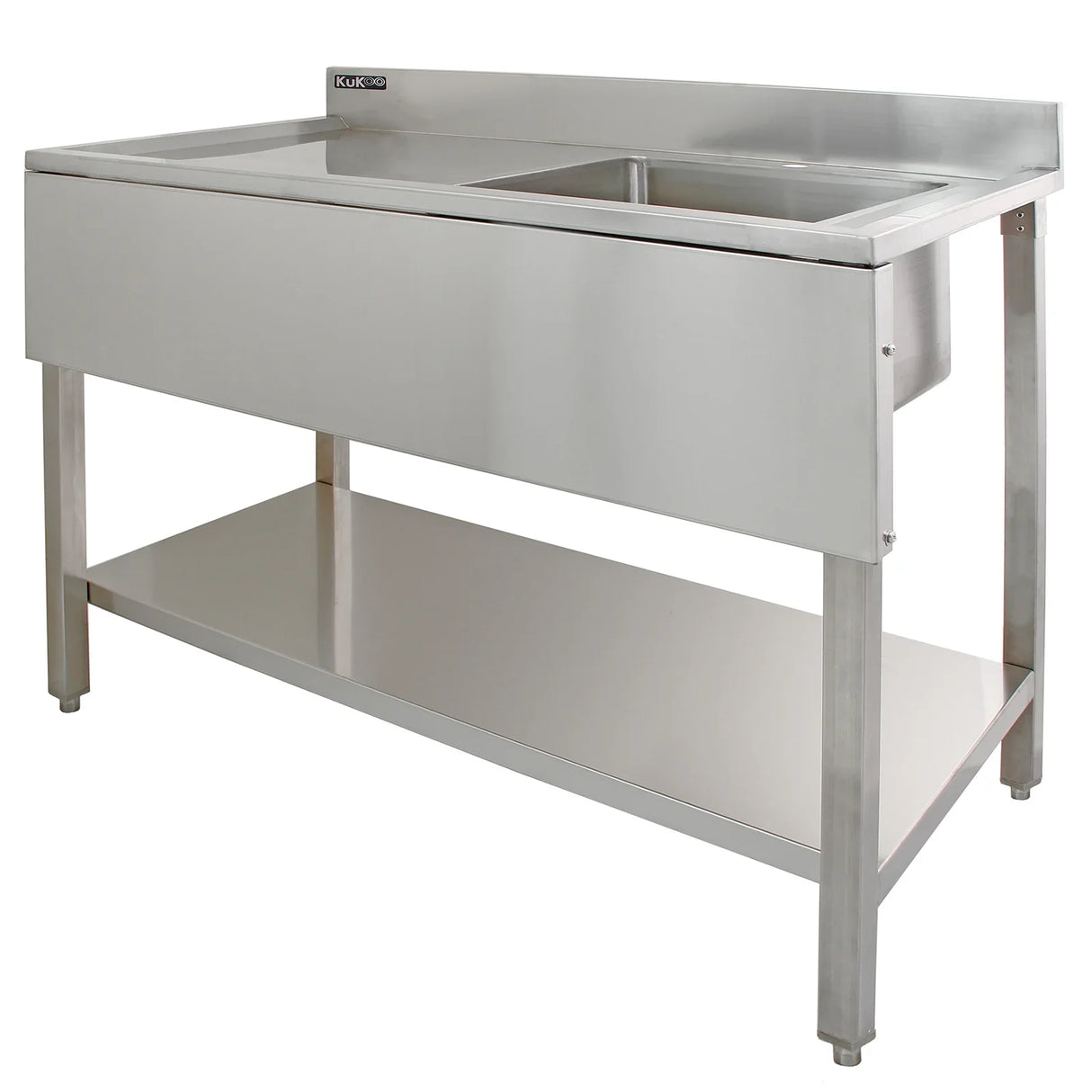 Commercial stainless steel sink with left-hand drainer, featuring a sleek design, smooth surface, and sturdy base for durability