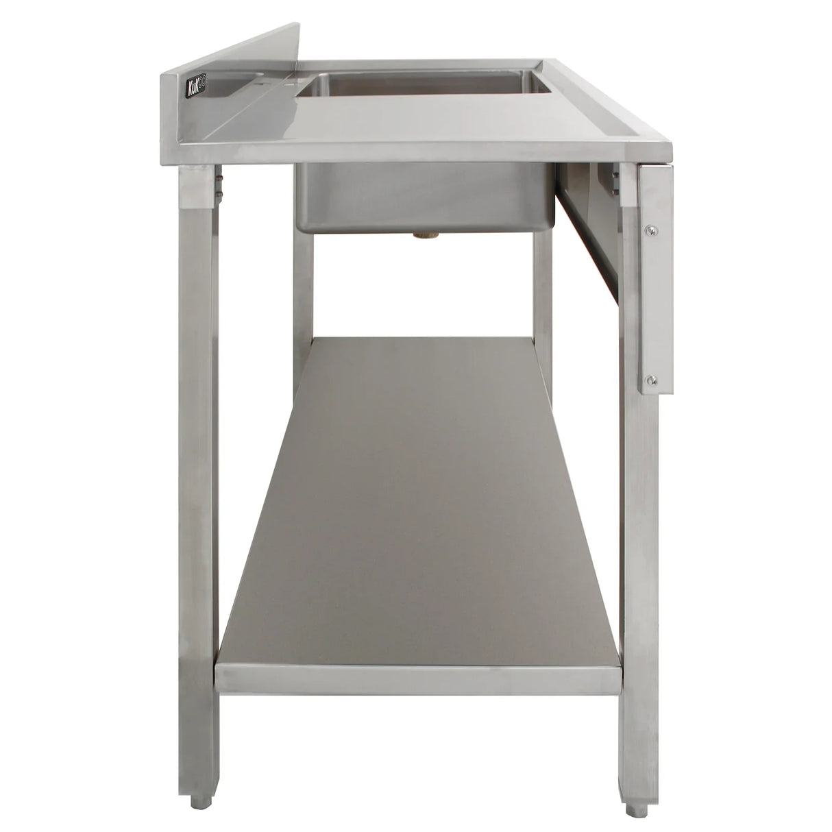 Stainless steel laboratory sink with a single bowl, left-hand drainer, and a sturdy base shelf for additional storage