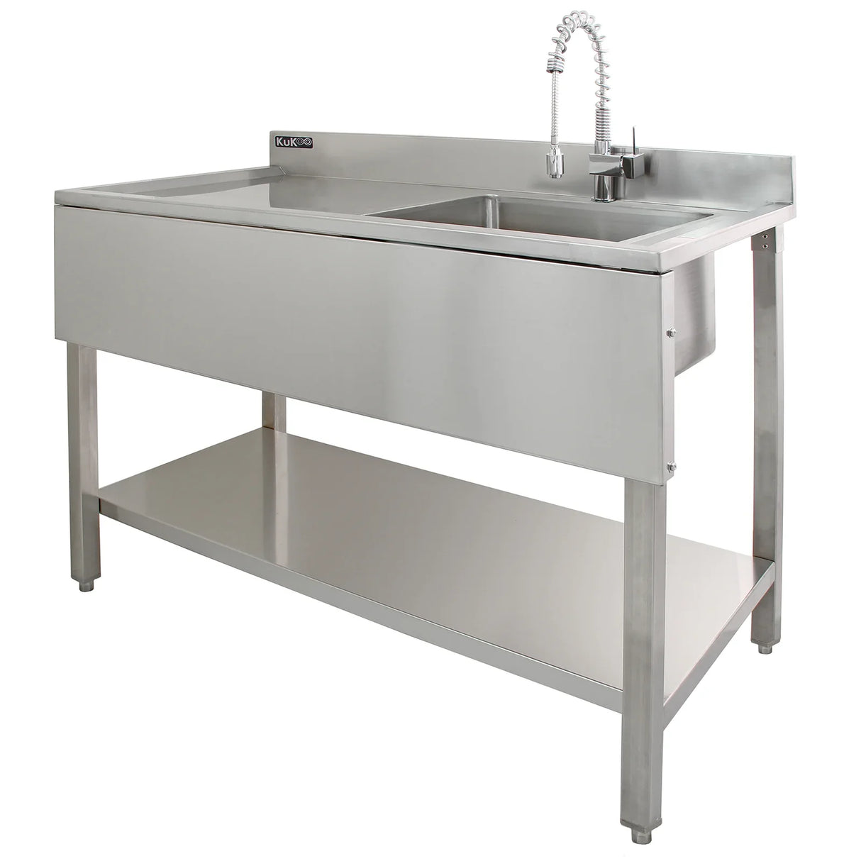 Stainless steel laboratory sink with single bowl, left-hand drainer, sleek design, and sturdy base for lab use