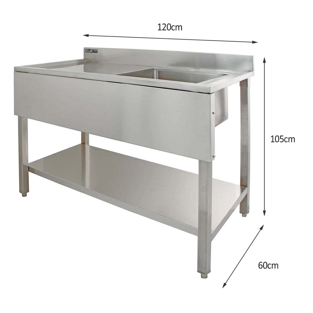 KuKoo commercial stainless steel sink with left-hand drainer, featuring a sleek design, sturdy legs, and ample storage space underneath