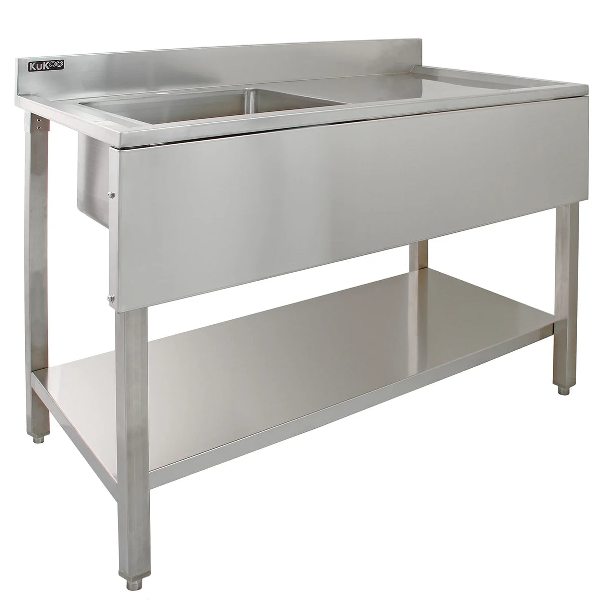 KuKoo commercial stainless steel sink with right-hand drainer, featuring a sleek design, smooth surface, and sturdy base for durability