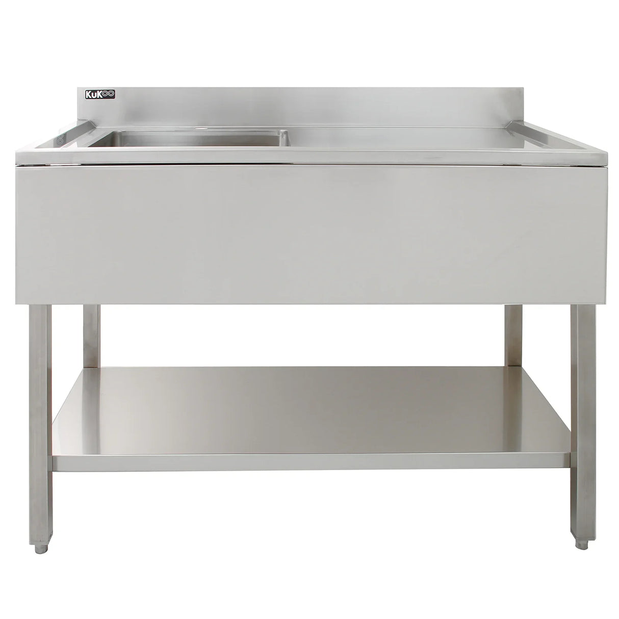 KuKoo commercial stainless steel sink with right-hand drainer, featuring a sleek design, smooth surface, and sturdy legs for durability