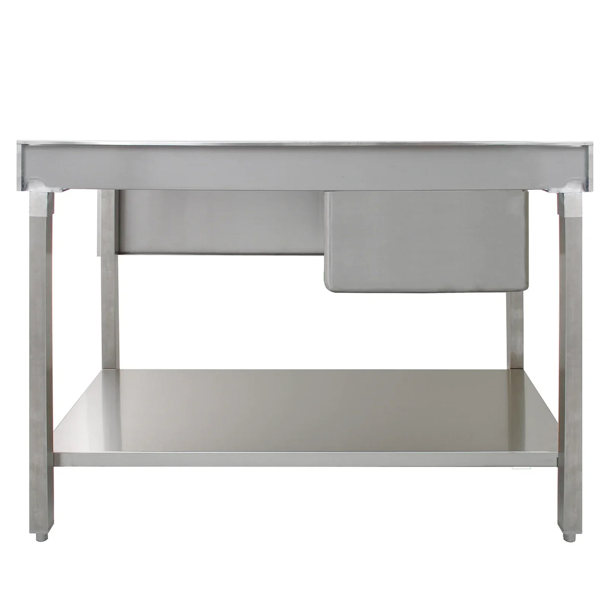 Commercial stainless steel sink with right-hand drainer, featuring a sleek design, sturdy frame, and spacious under-sink shelf