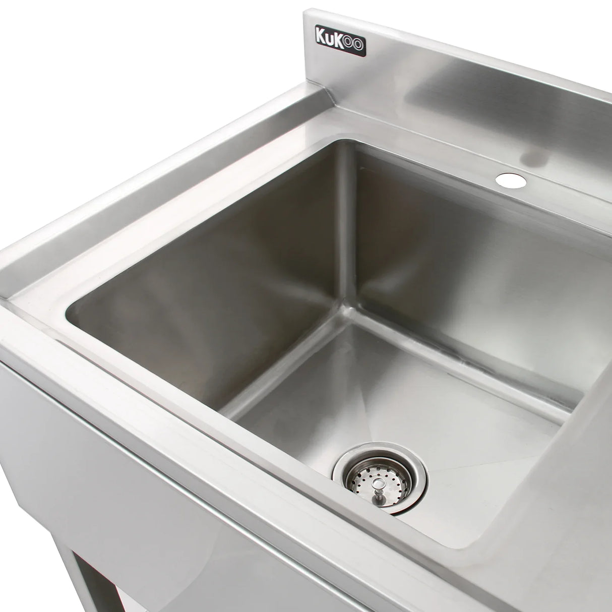 Stainless steel single bowl laboratory sink with right-hand drainer, featuring a polished surface and circular drain in the center