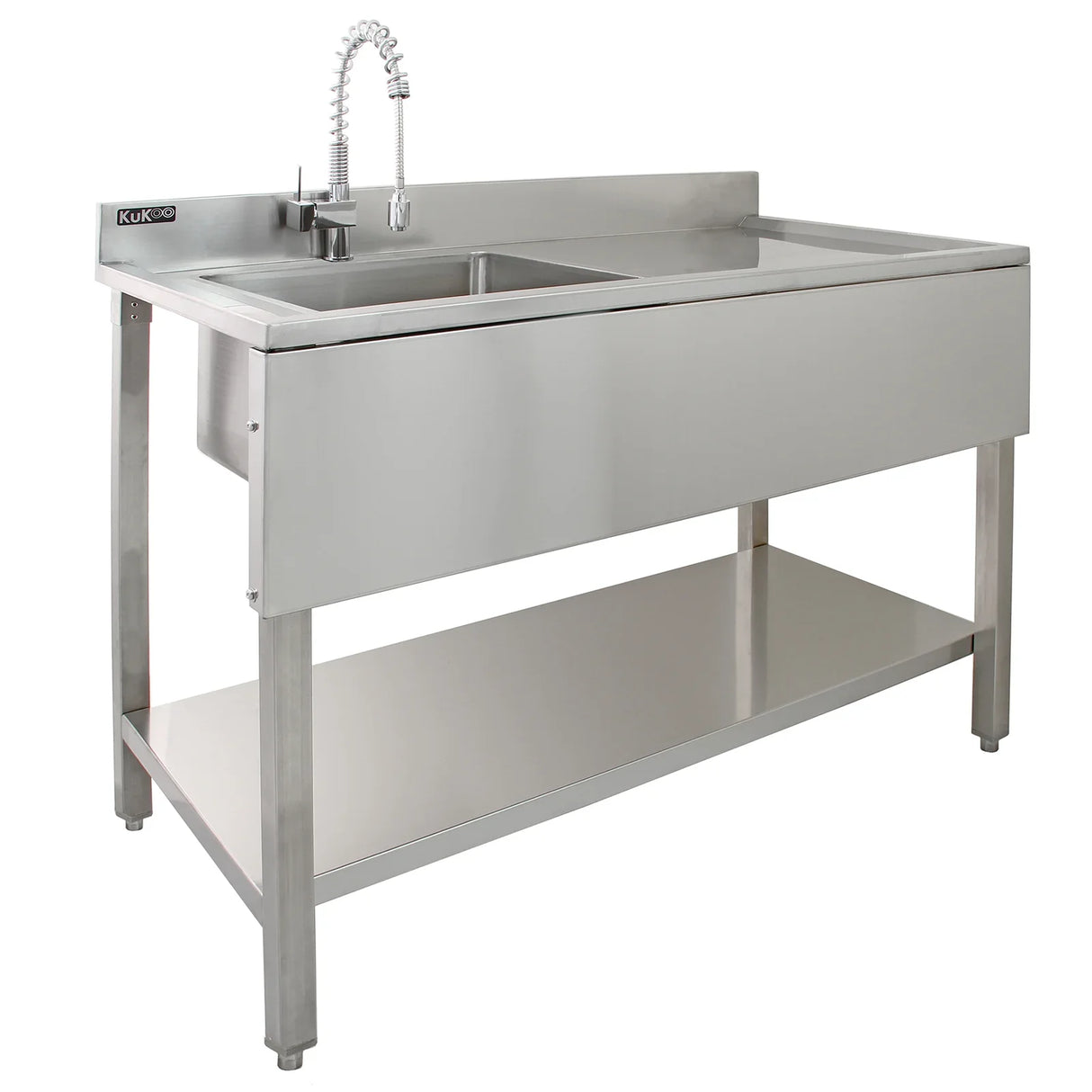 Commercial stainless steel sink with right-hand drainer, featuring a sleek design, sturdy legs, and a spacious lower shelf for storage