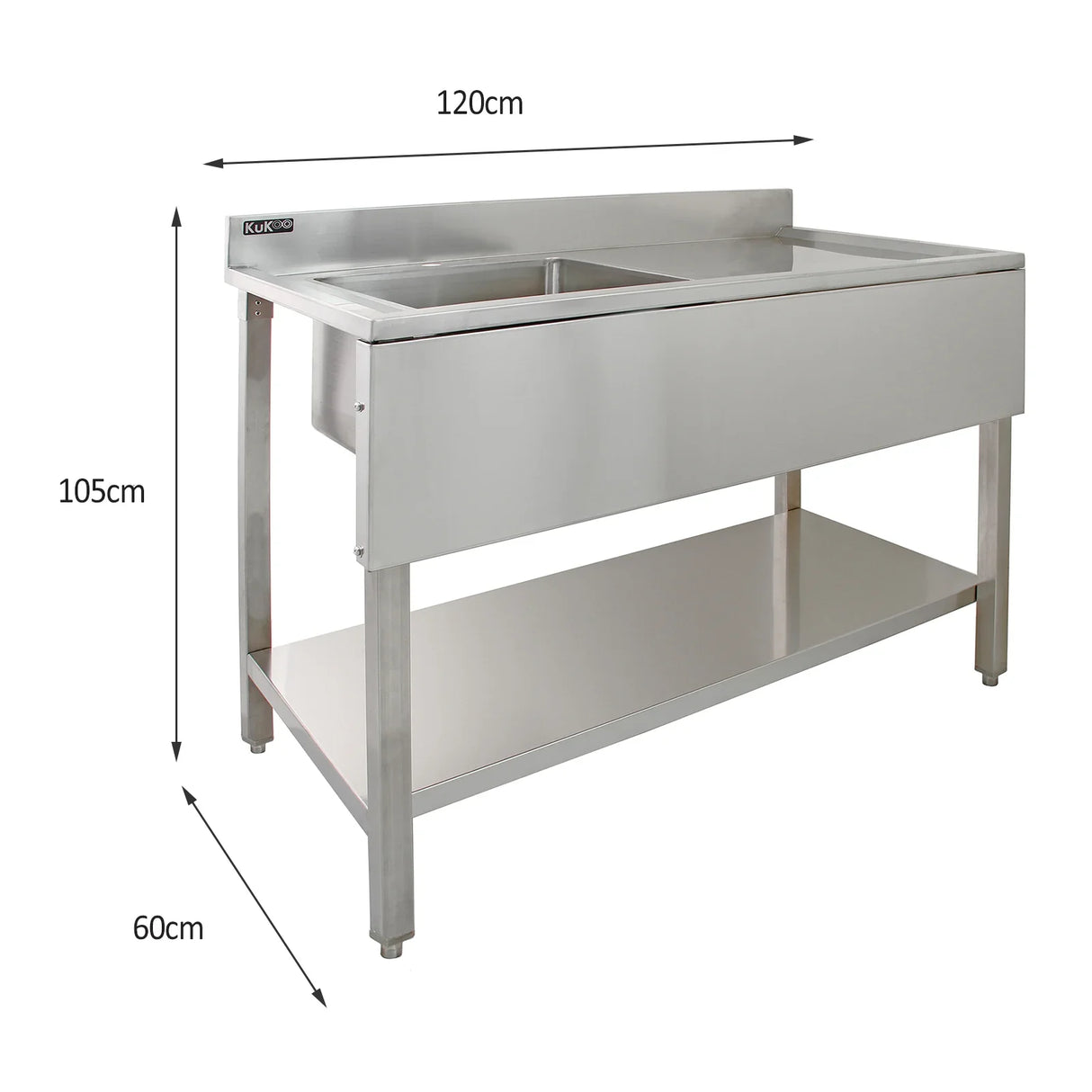 KuKoo commercial stainless steel sink with right-hand drainer, featuring a sleek design, durable material, and spacious dimensions