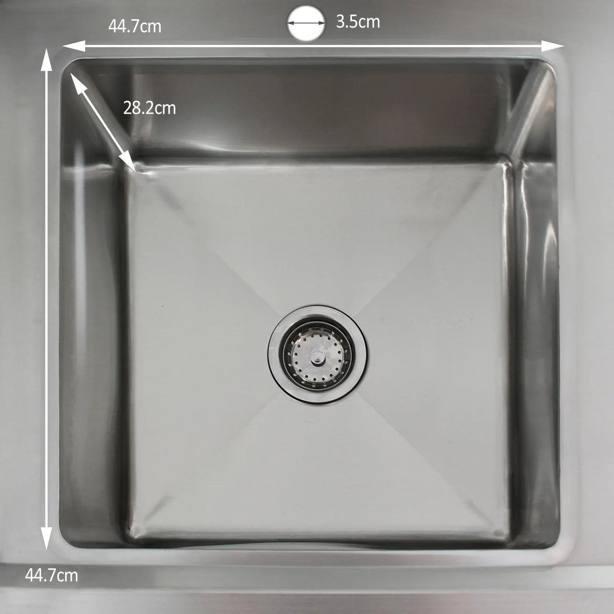 Stainless steel commercial sink with a square basin, measuring 44.7cm by 44.7cm, featuring a central drain and sleek finish