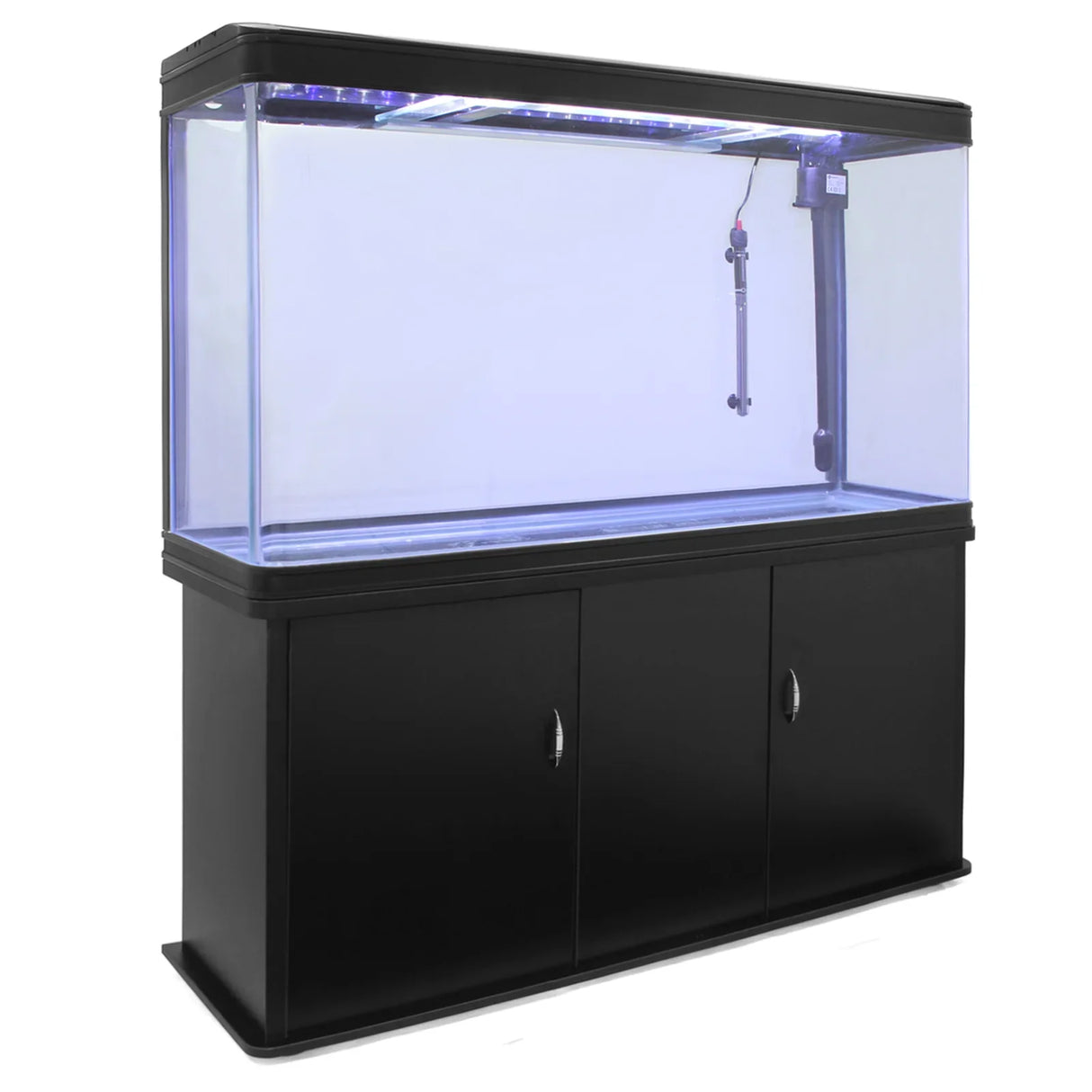 Black aquarium fish tank with a sleek cabinet base, featuring a spacious glass tank and LED lighting for aquatic displays