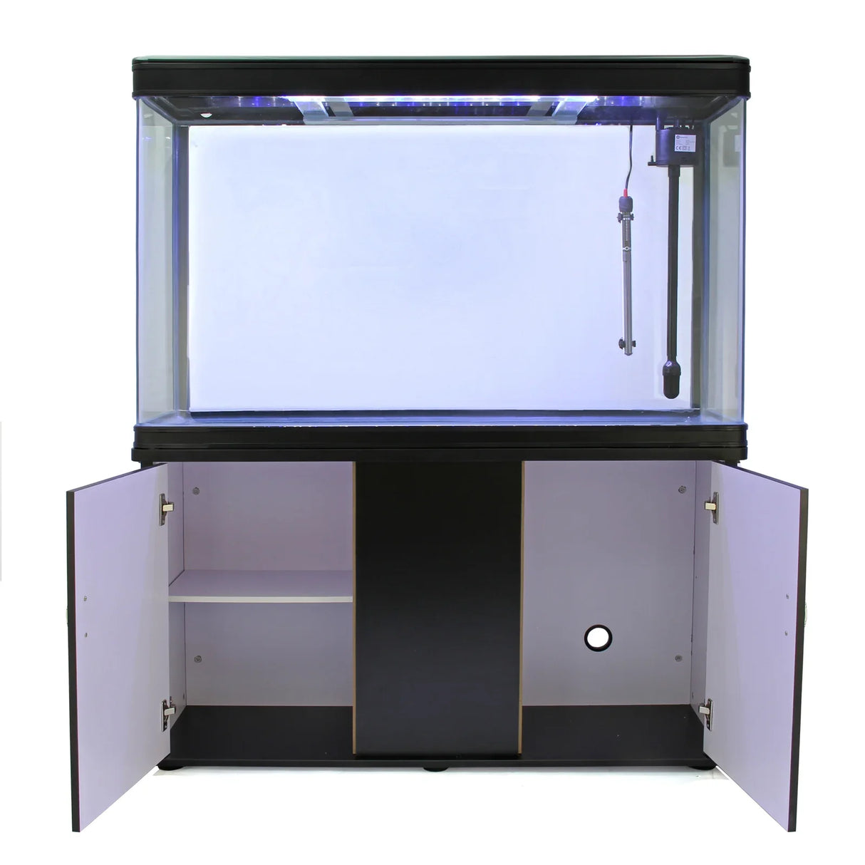 Black aquarium fish tank with a sleek cabinet, featuring a spacious interior, adjustable lighting, and a filtration system