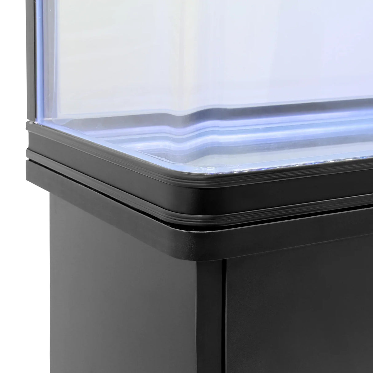 Black aquarium fish tank with sleek cabinet base, featuring smooth edges and a clear glass top for optimal visibility and light reflection