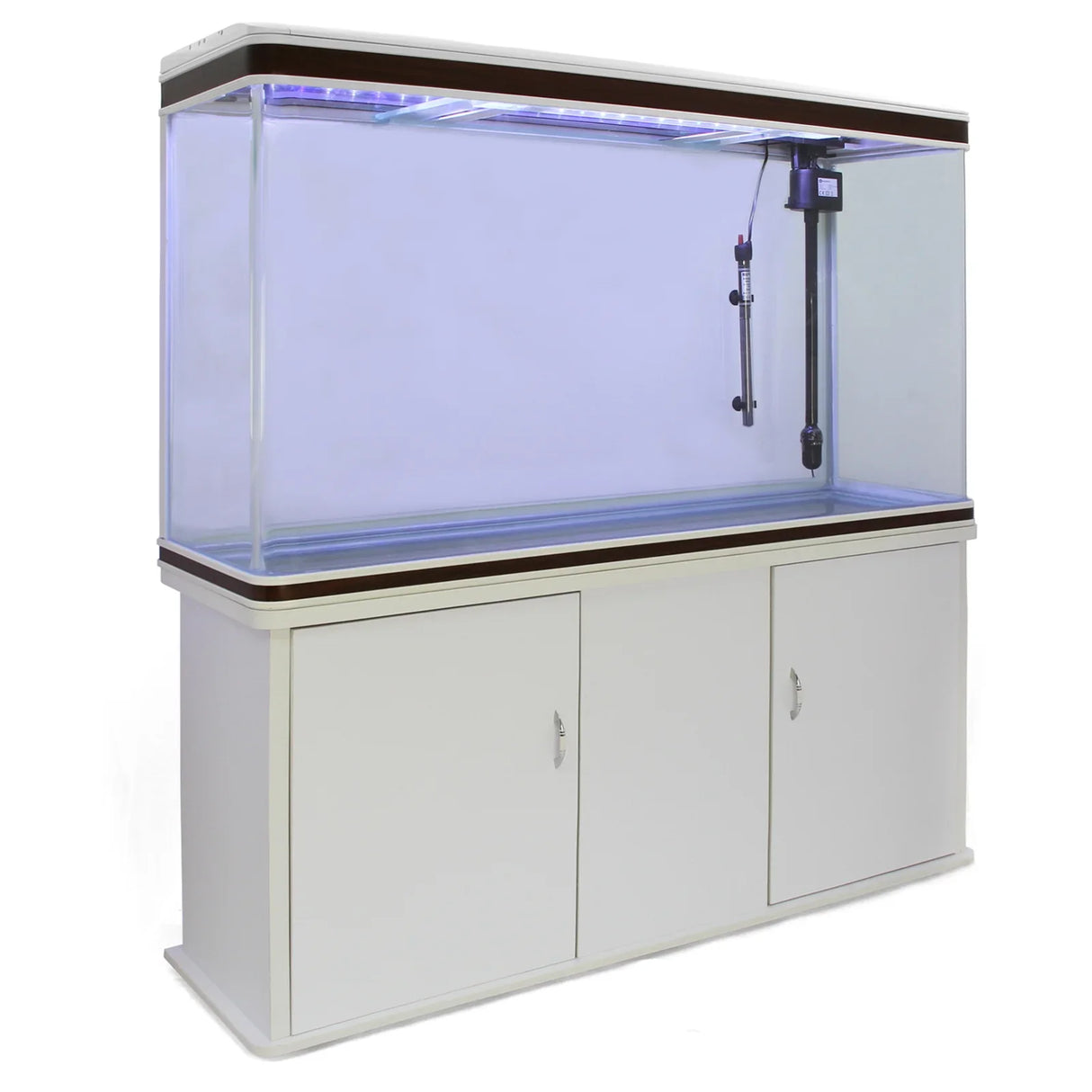 White aquarium fish tank with a sleek cabinet, featuring a spacious glass tank, LED lighting, and a minimalist design for modern decor
