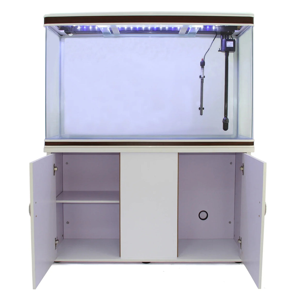 White aquarium fish tank with blue gravel, LED lighting, and a spacious cabinet featuring double doors for storage