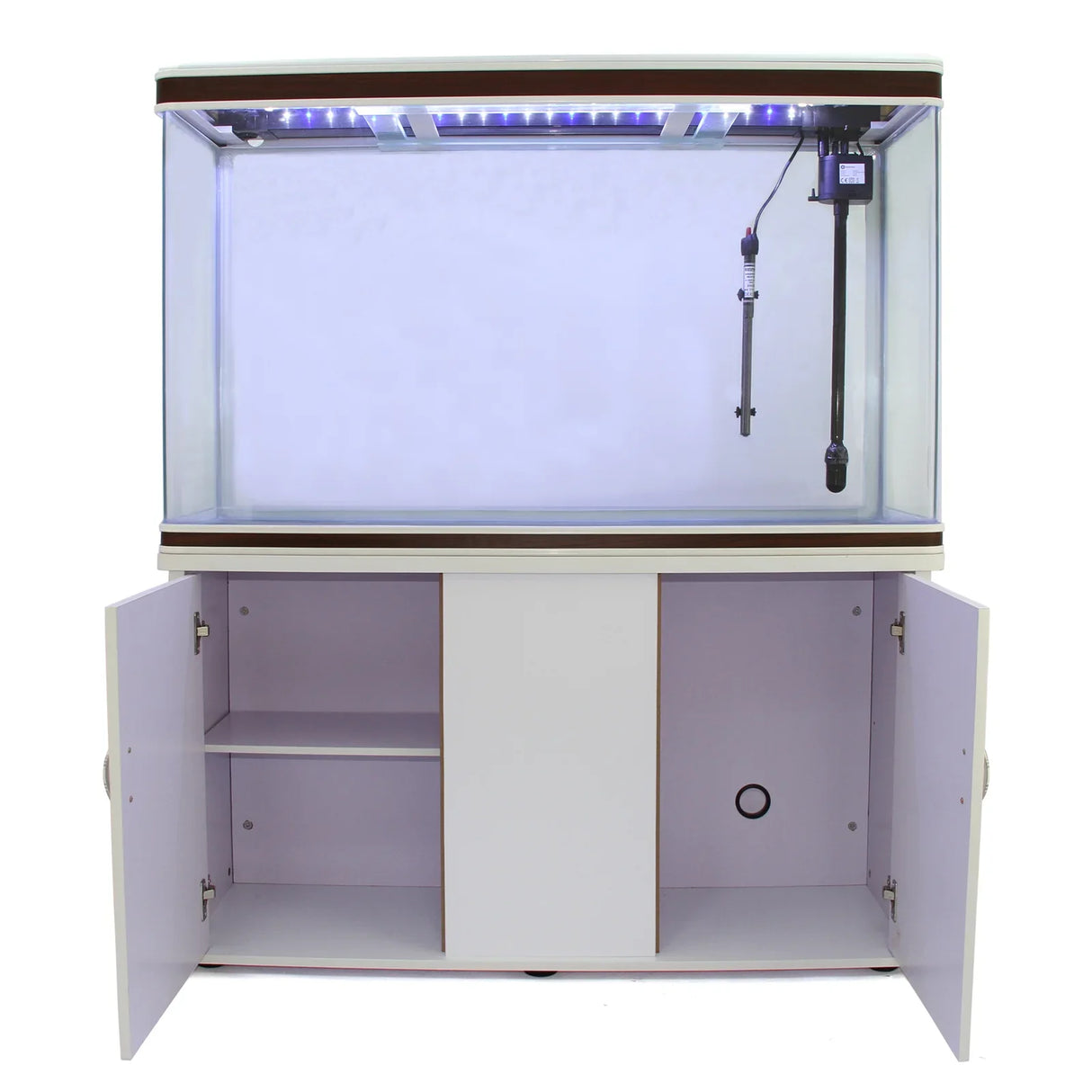 Aquarium fish tank with a sleek white cabinet, featuring a spacious interior, LED lighting, and dual doors for easy access