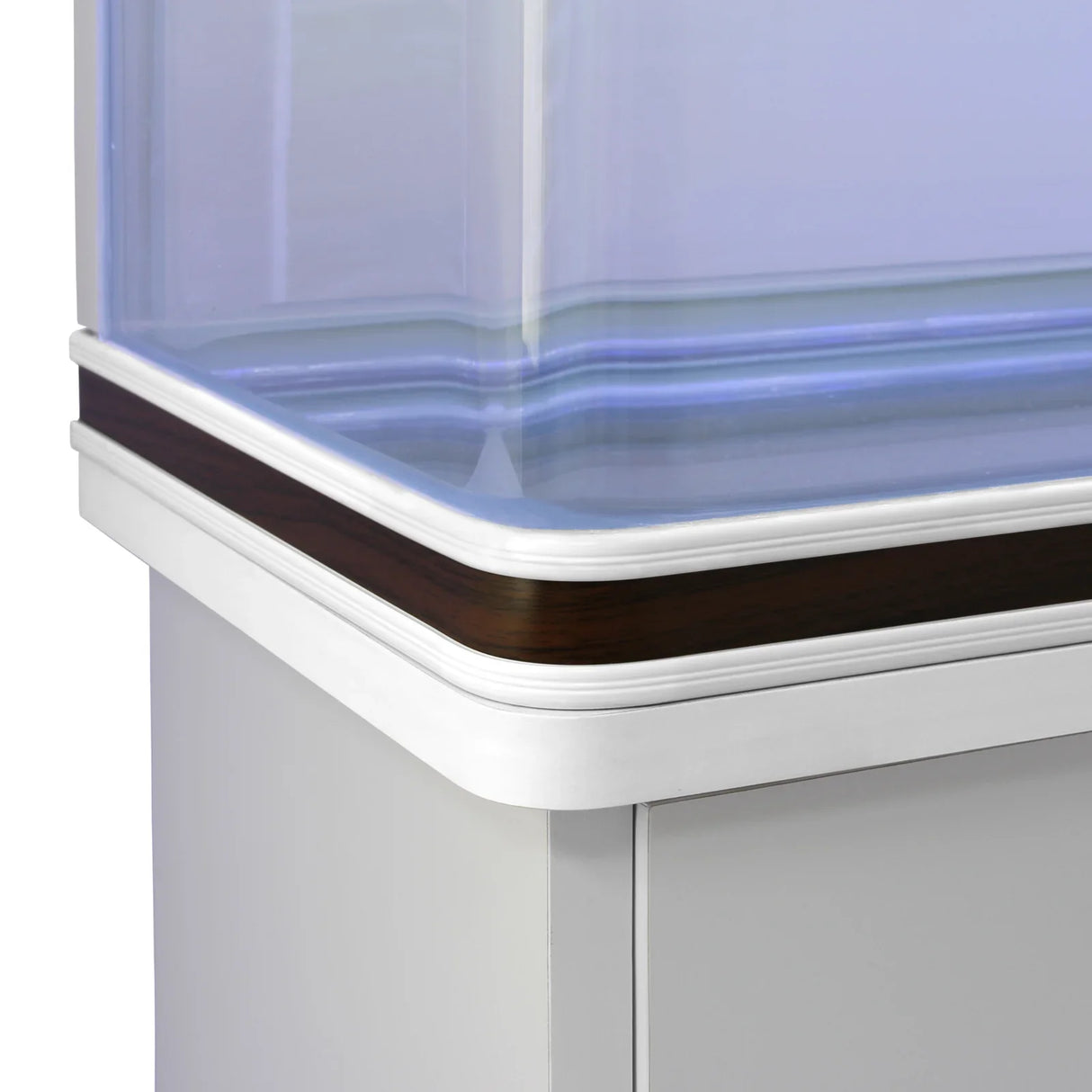 White aquarium fish tank with a sleek design, featuring a smooth glass top and a contrasting dark wood trim on the cabinet