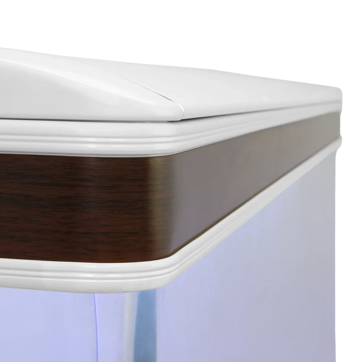 White aquarium fish tank with a sleek wooden cabinet base, featuring a smooth, glossy finish and elegant curved edges