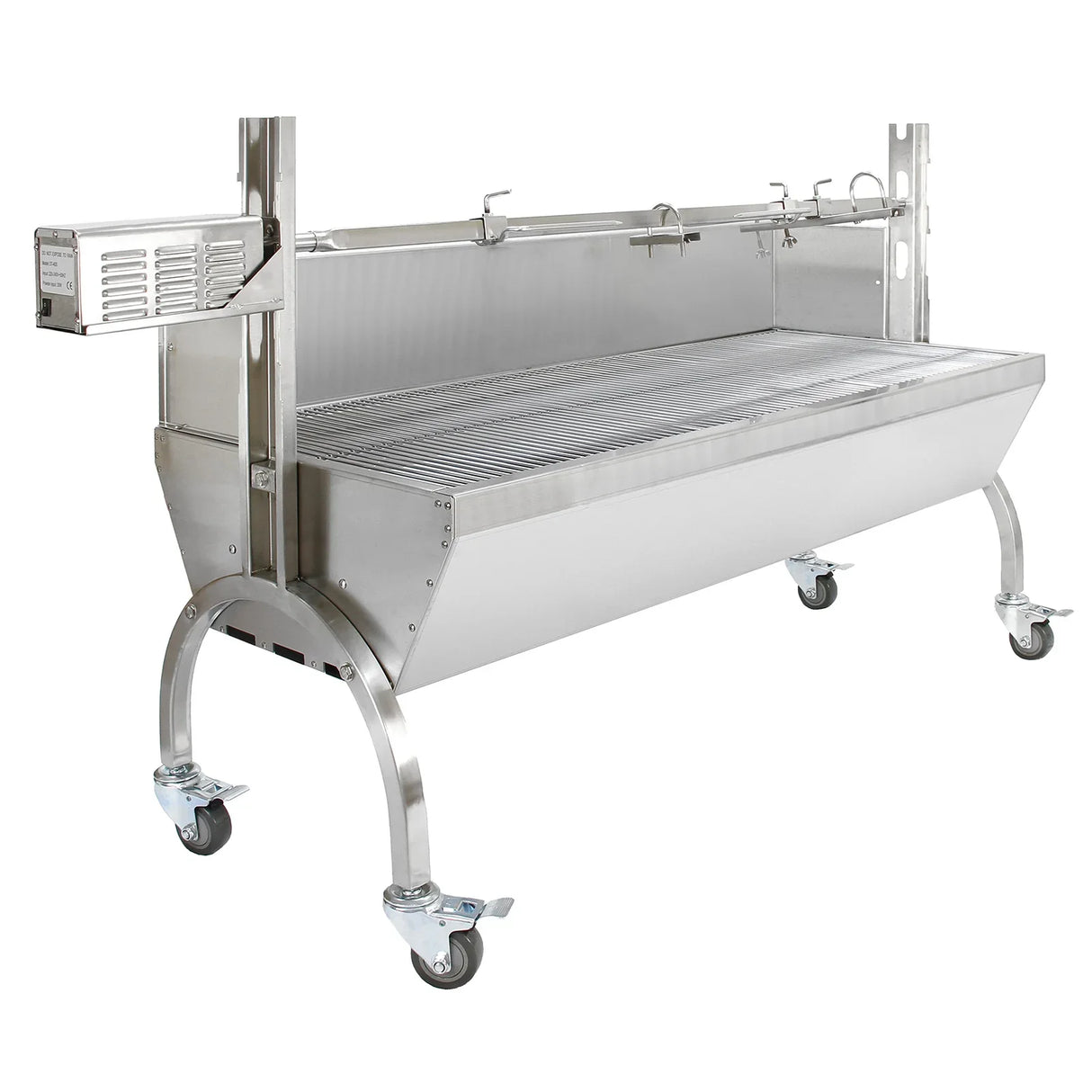 KuKoo 90kg Hog Roast Machine in stainless steel, featuring a large grilling surface, adjustable height, and sturdy wheels for mobility