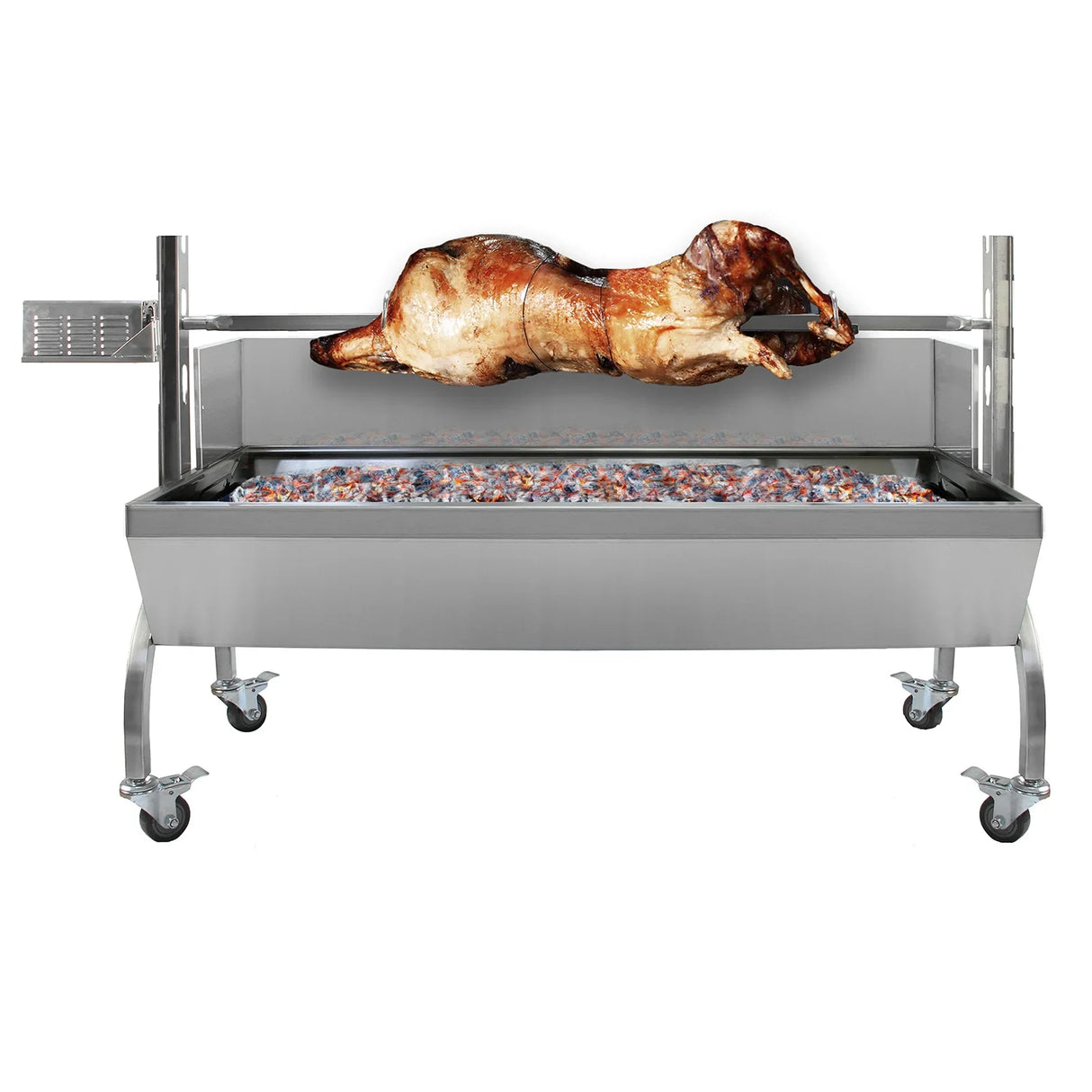 KuKoo 90kg hog roast grill attachment with shiny stainless steel body, featuring a whole roasted pig on a rotisserie over a charcoal bed