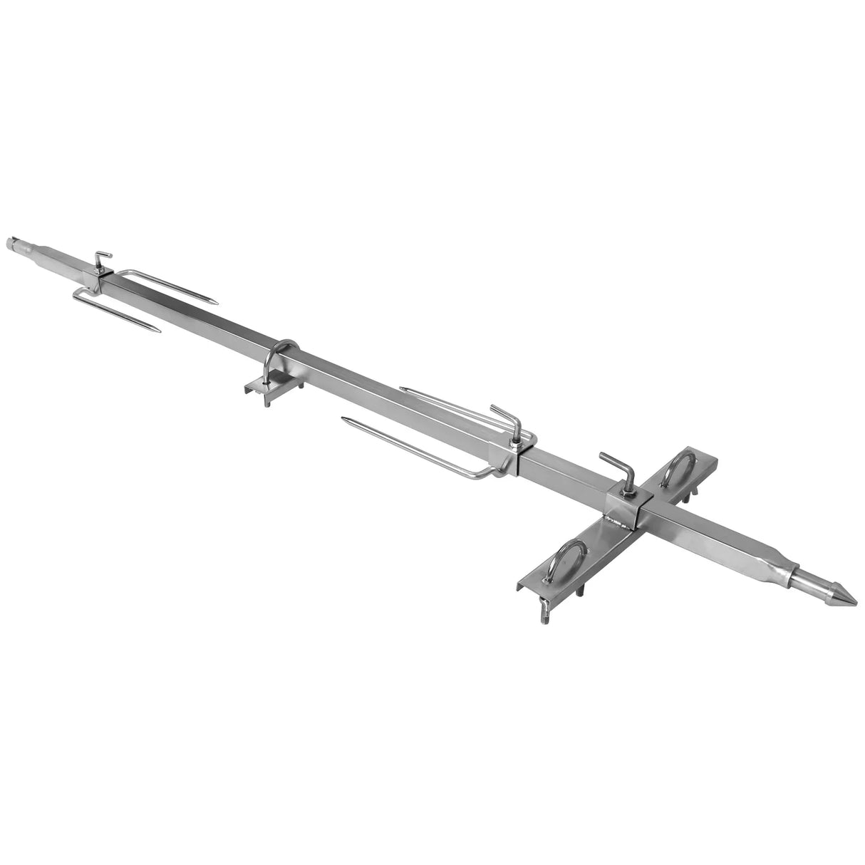 Stainless steel rotisserie grill attachment for KuKoo 90kg hog roast, featuring a long, sturdy skewer and adjustable forks for secure meat placement