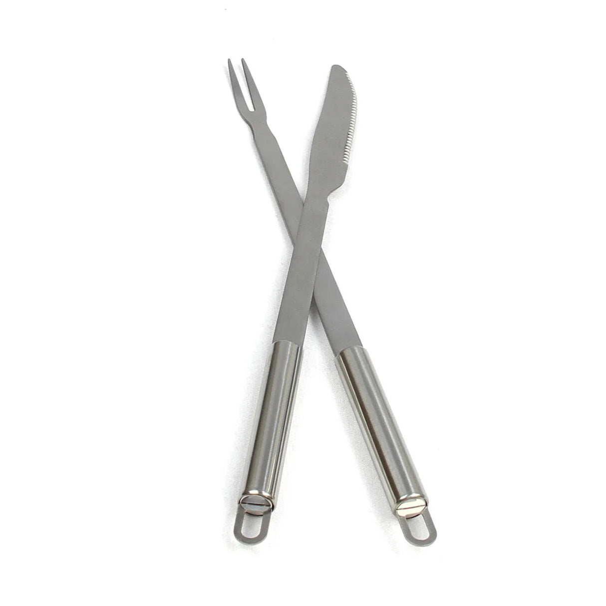 Stainless steel carving fork and knife set with ergonomic handles, designed for use with the KuKoo 90kg Hog Roast Grill