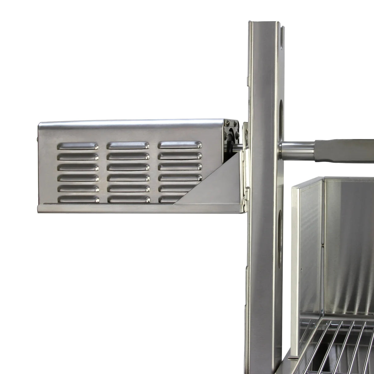 Stainless steel rotisserie grill attachment with a sleek design, featuring ventilation slots and a sturdy mounting bracket for hog roasting