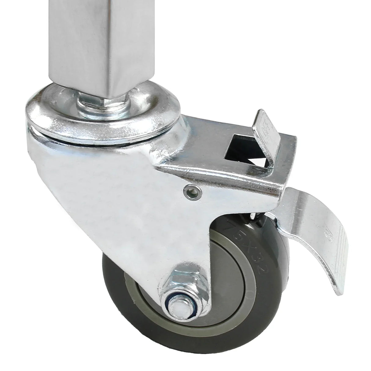 Close-up of a sturdy metal wheel with a locking mechanism, designed for the KuKoo 90kg Hog Roast Machine, ensuring mobility and stability