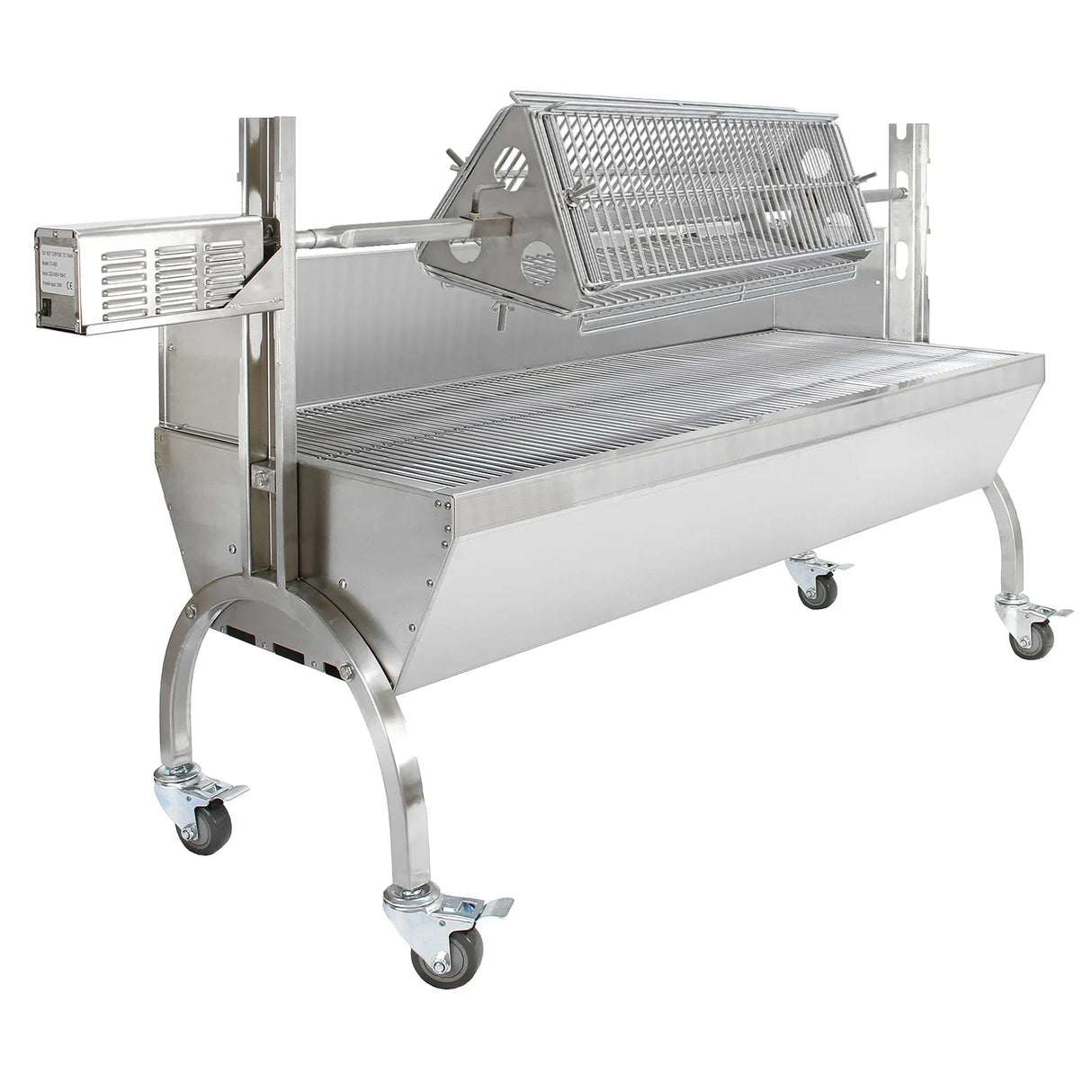 KuKoo 90kg hog roast and flat rotisserie grill attachment in stainless steel, featuring a spacious grilling area and sturdy wheels for mobility