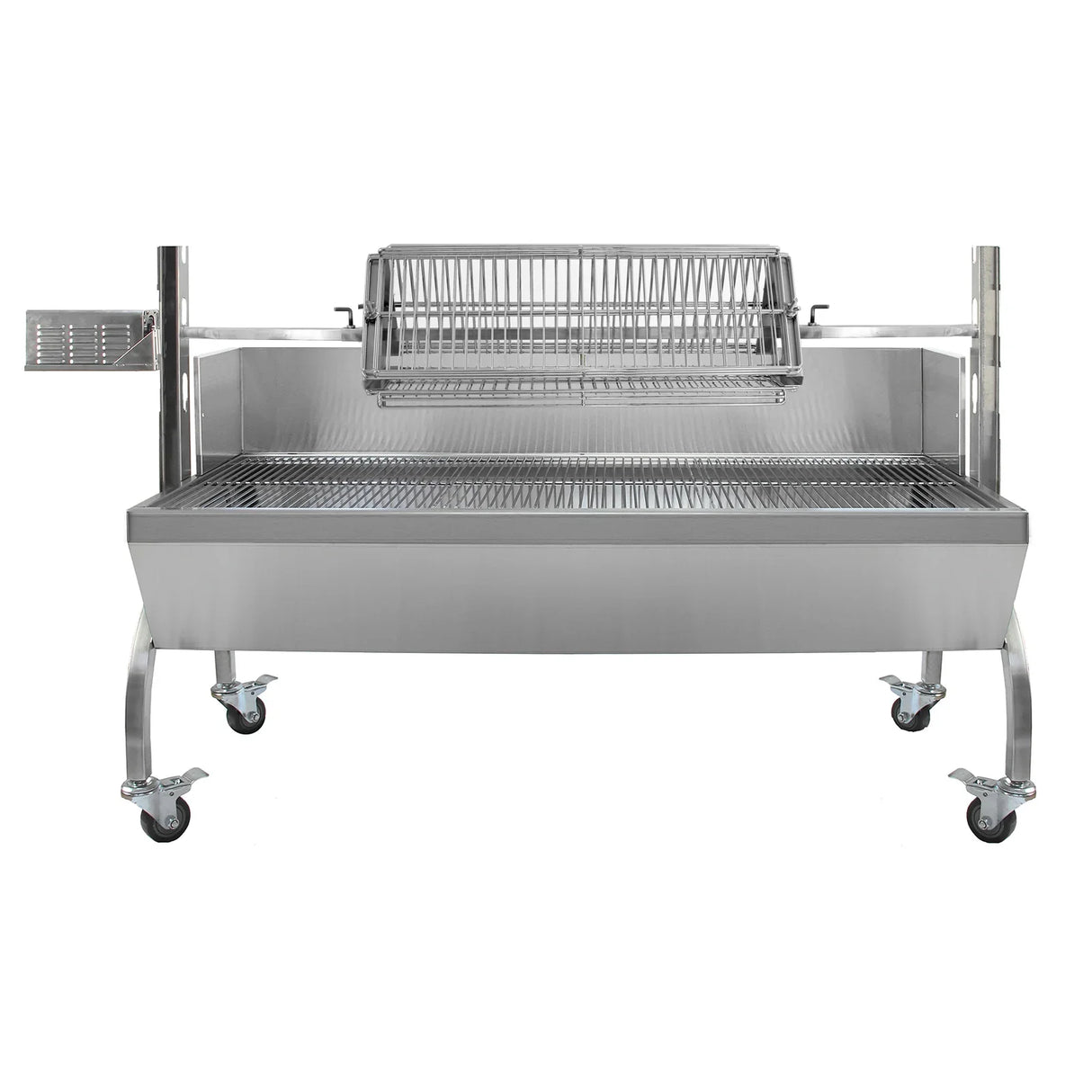 Stainless steel KuKoo 90kg hog roast and flat rotisserie grill attachment with a spacious grilling area and sturdy wheels
