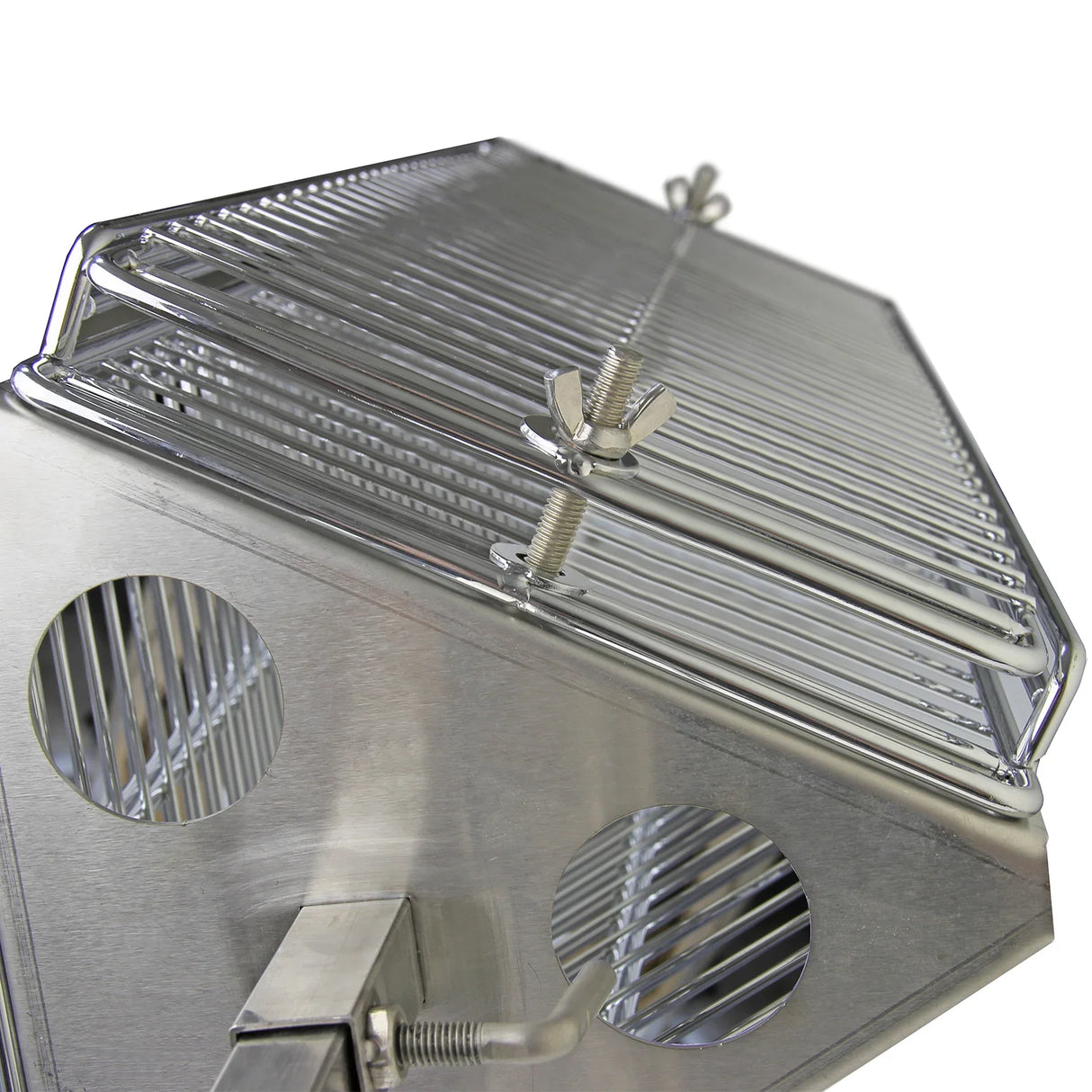 Stainless steel KuKoo 90kg hog roast and flat rotisserie grill attachment with hexagonal design and adjustable grilling racks